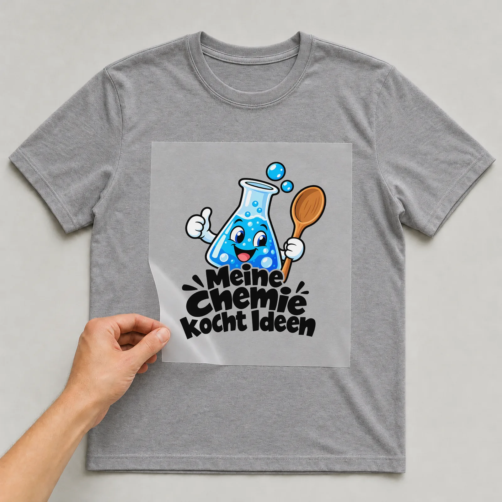 Bügelbild „Meine Chemie kocht Ideen“ auf grauem T-Shirt, Folie wird aufgelegt