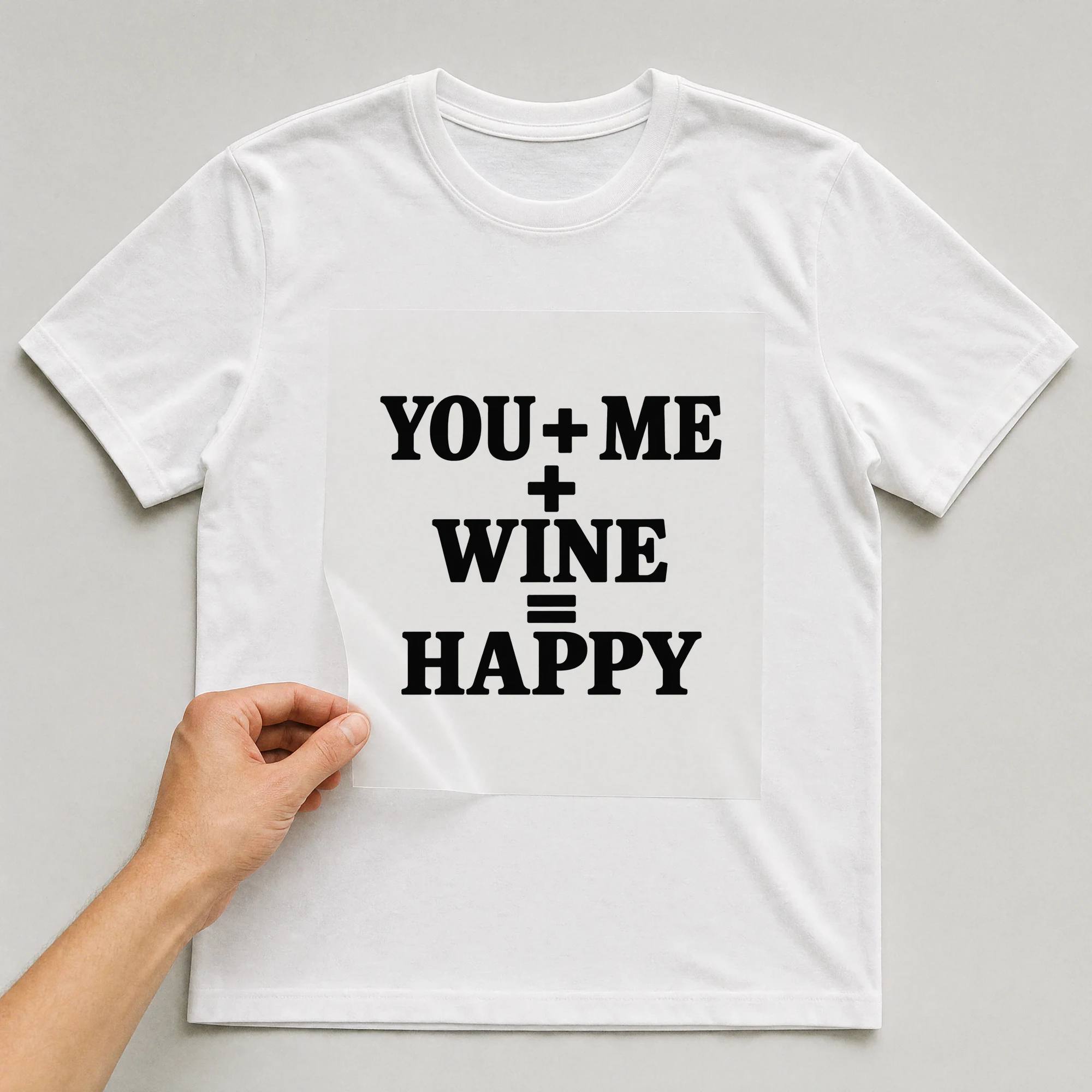 Bügelbild „You + Me + Wine = Happy“ auf weißem T-Shirt, Folie wird aufgelegt