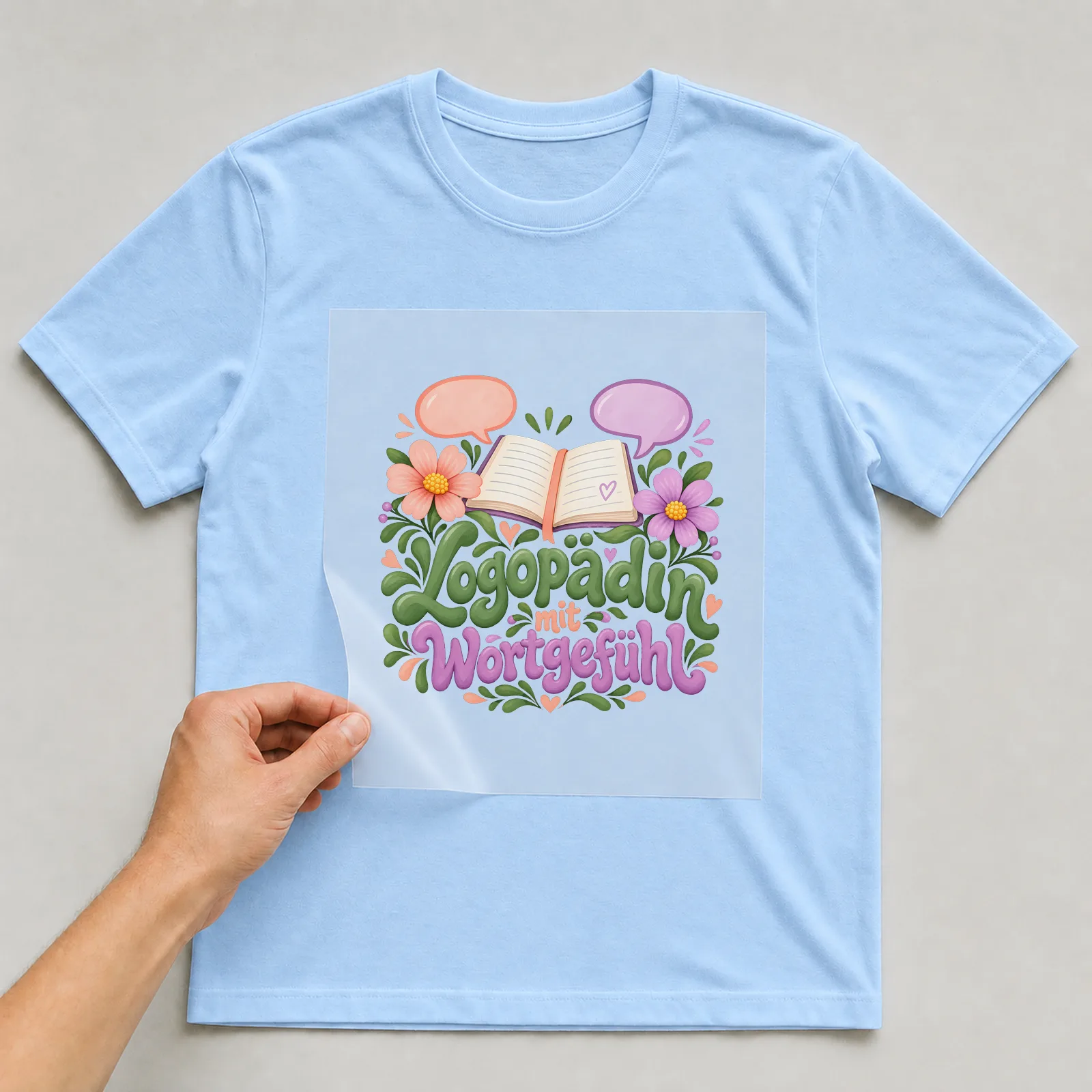 Bügelbild „Logopädin mit Wortgefühl“ auf hellblauem T-Shirt, Folie wird aufgelegt