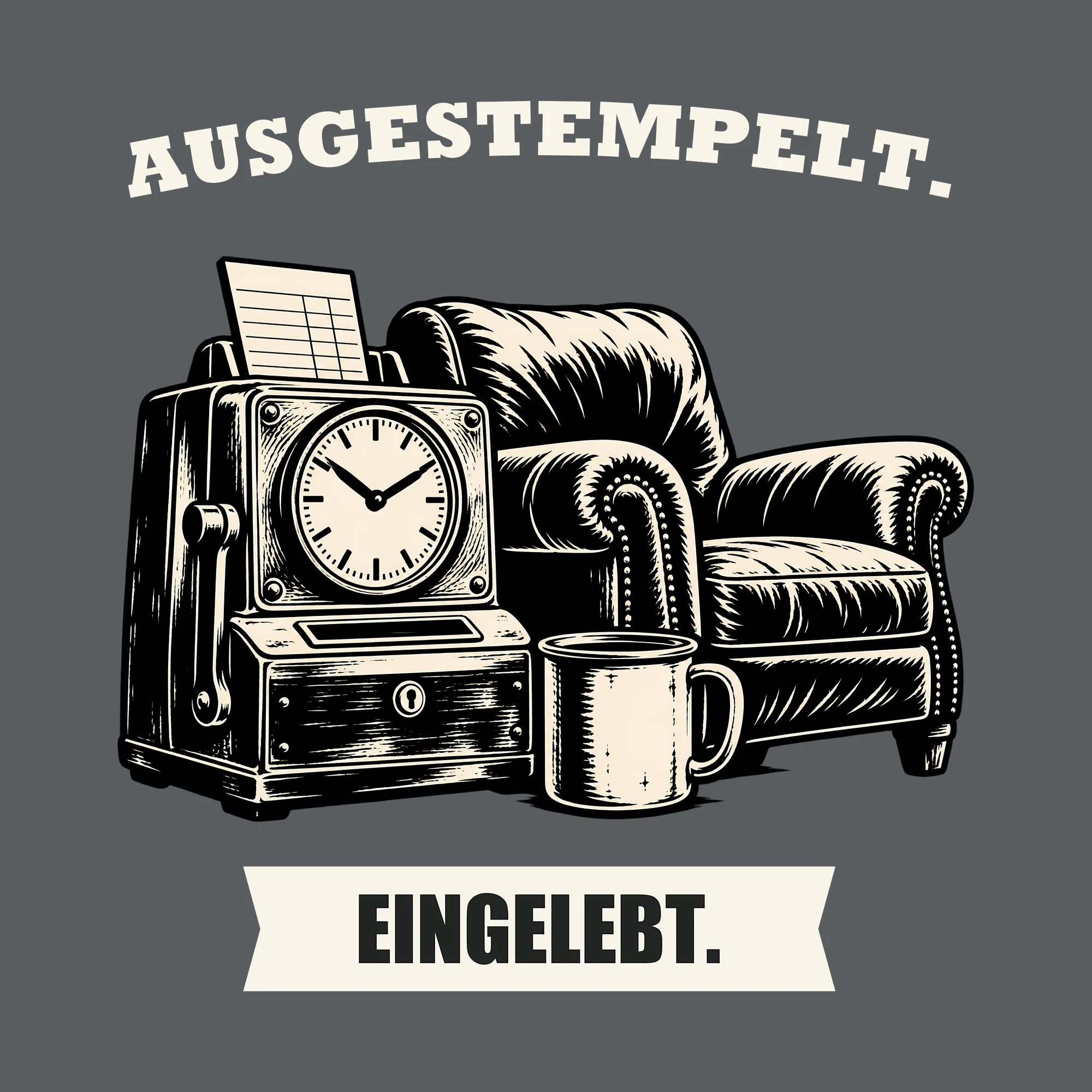 Bügelbild AUSGESTEMPELT. EINGELEBT. als Grafik auf dunklem Hintergrund (BB011533)