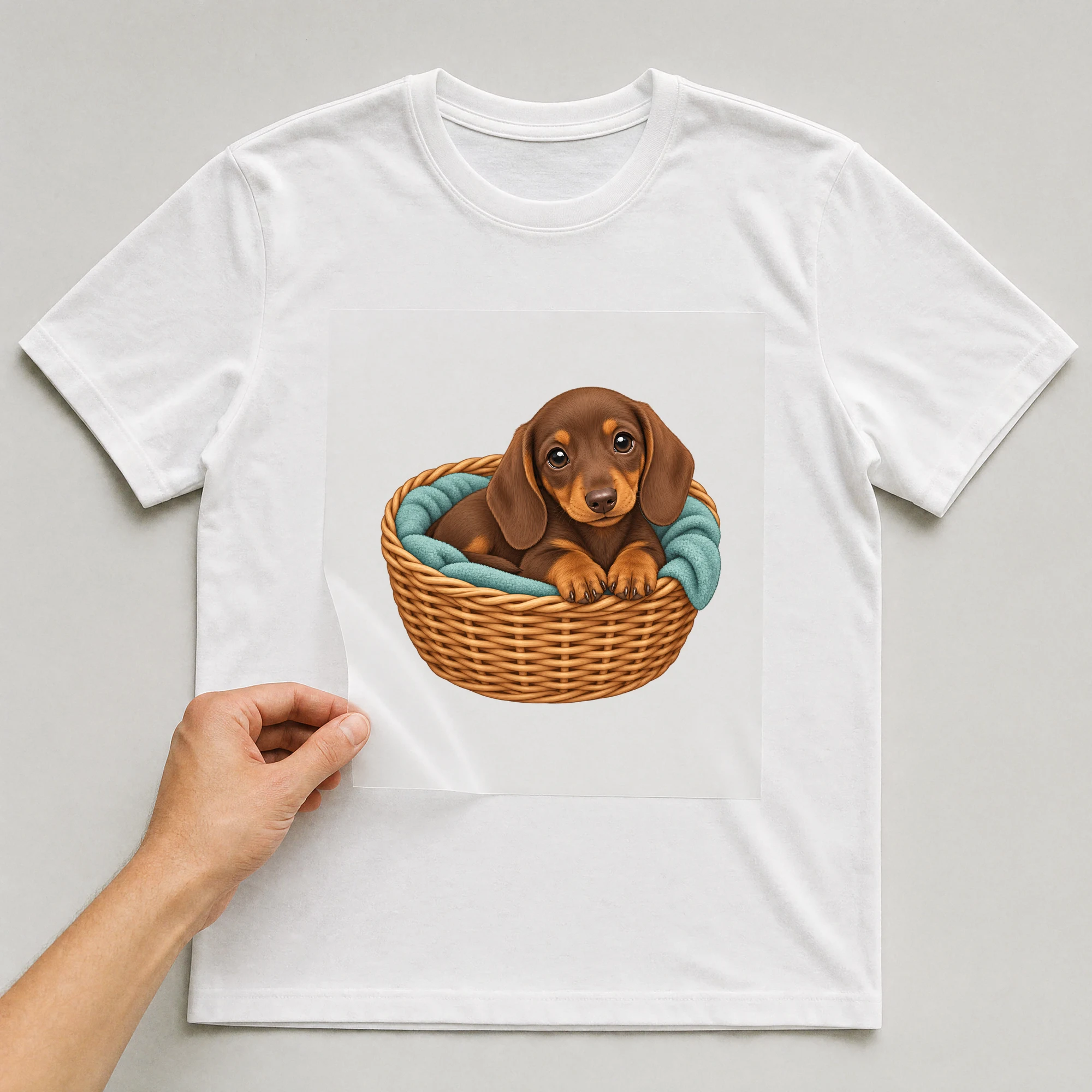 Bügelbild „Dackel im Körbchen“ auf weißem T-Shirt, Folie wird aufgelegt