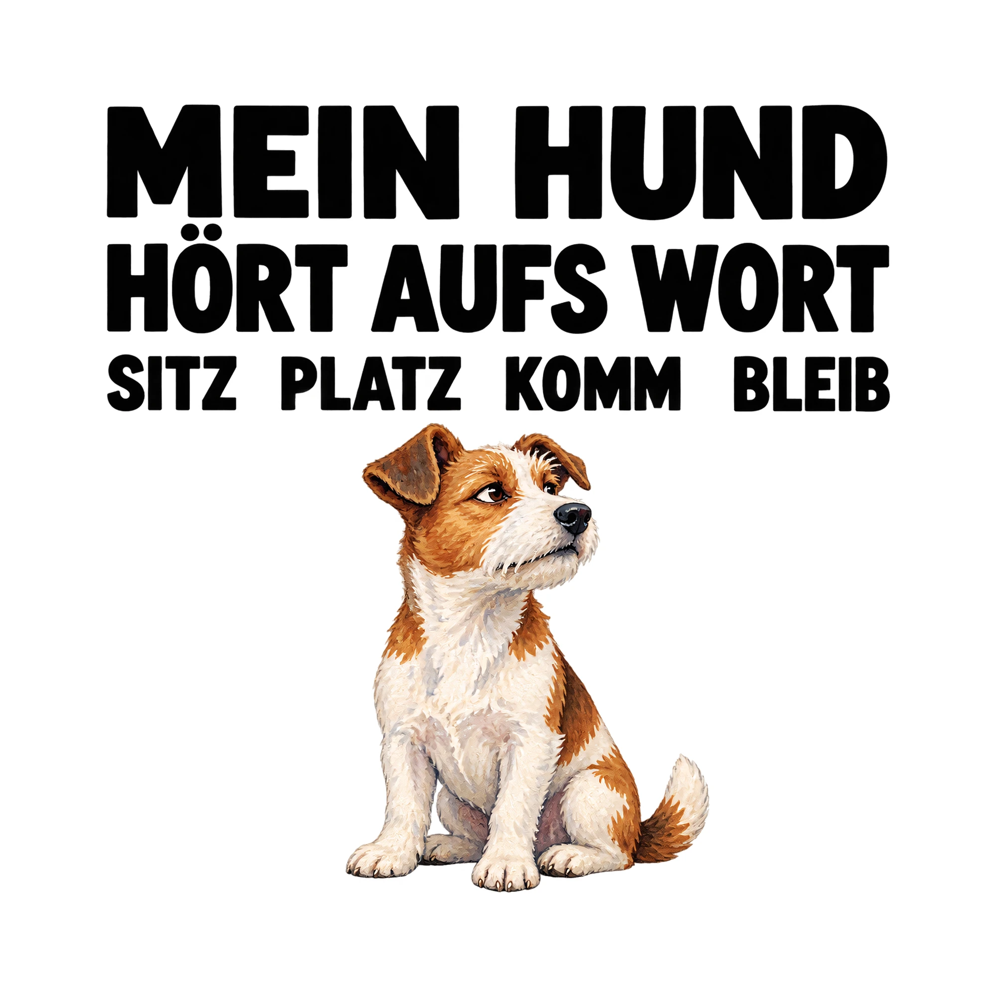 Bügelbild „MEIN HUND HÖRT AUFS WORT SITZ PLATZ KOMM BLEIB“ | Tiere Shirt Spruch als Grafik auf weißem Hintergrund (BB016097)