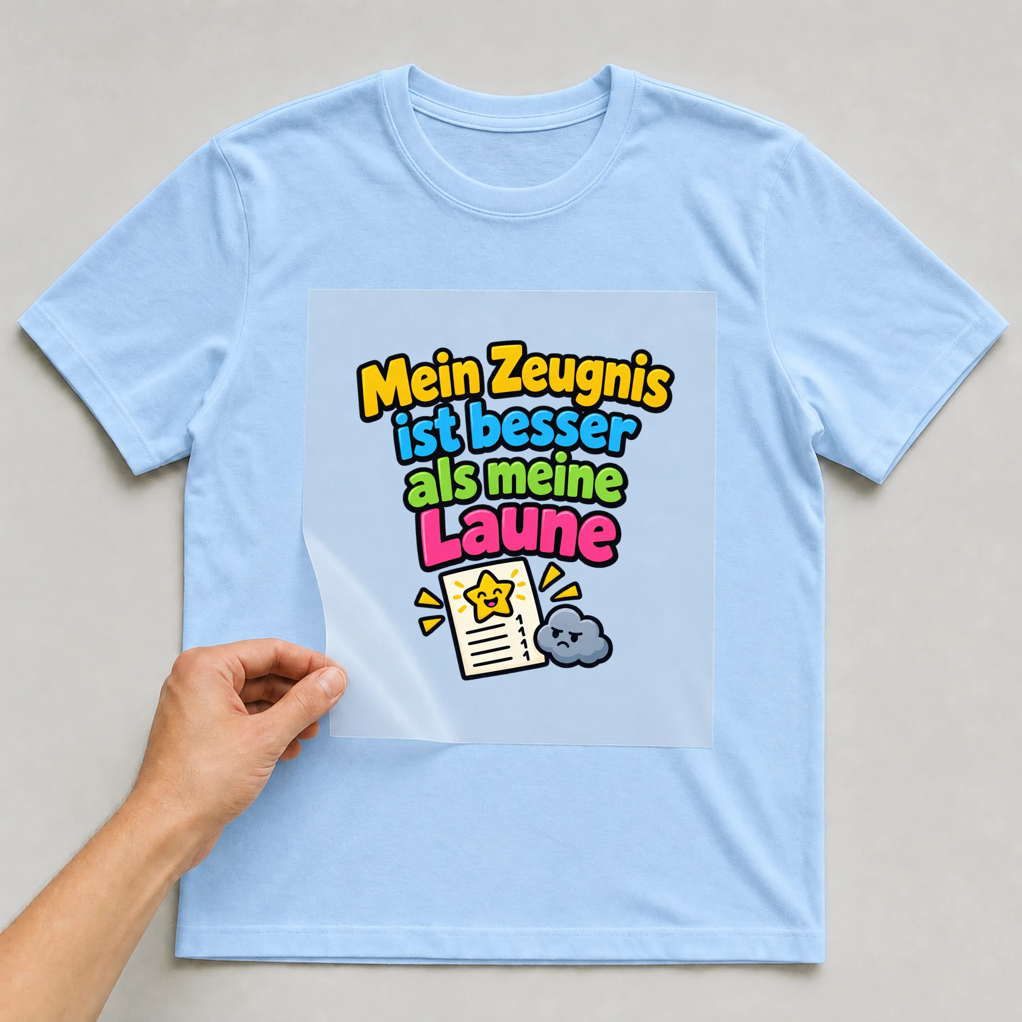 Bügelbild „Mein Zeugnis ist besser als meine Laune“ auf babyblauem T-Shirt, Folie wird aufgelegt