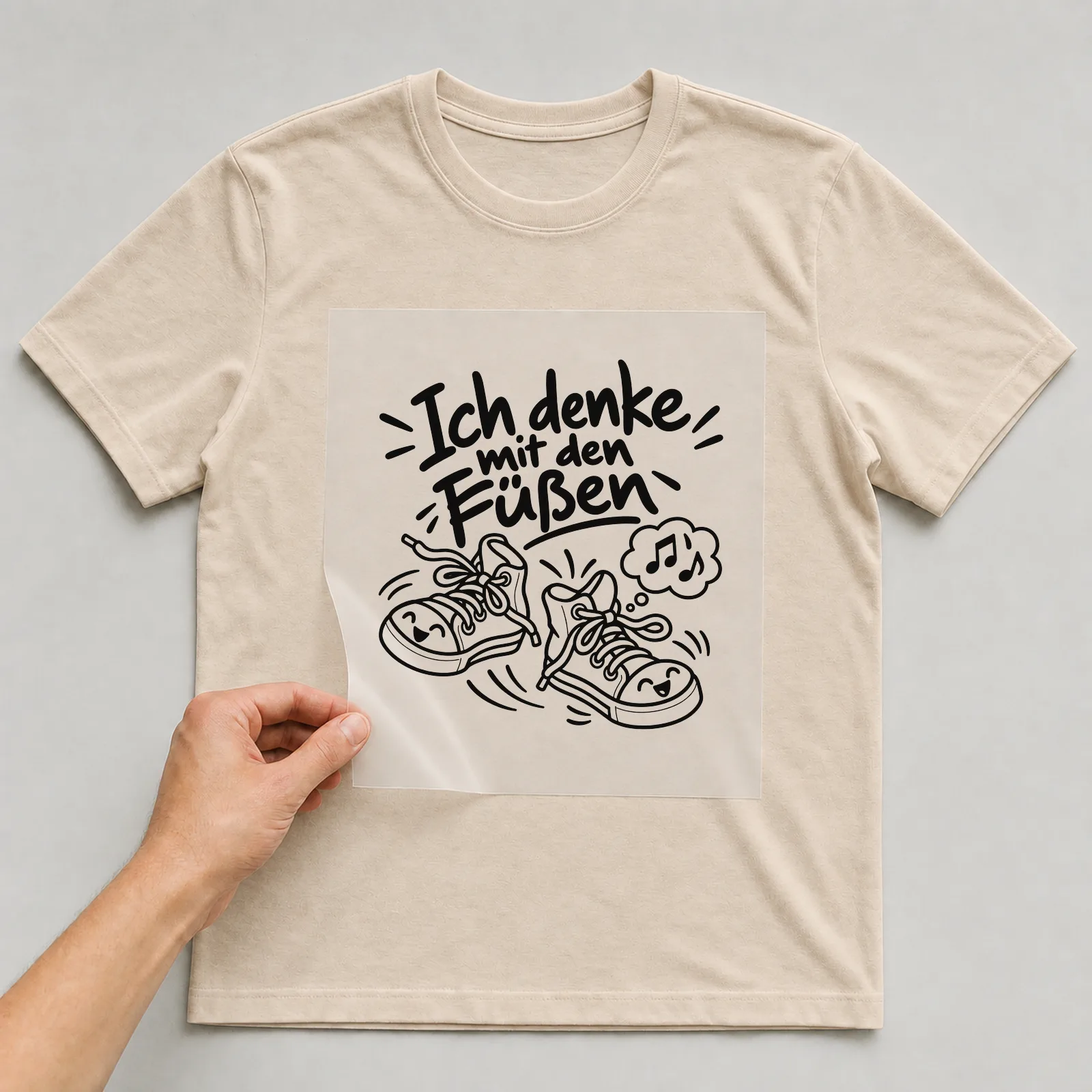Bügelbild „Ich denke mit den Füßen“ auf beigem T-Shirt, Folie wird aufgelegt