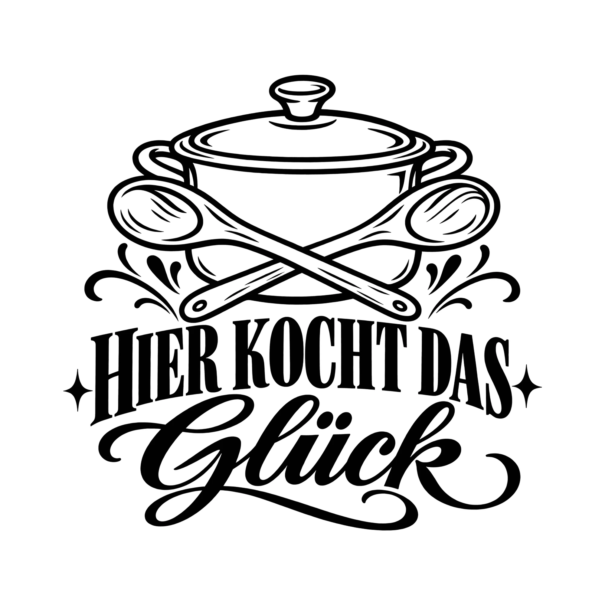 Bügelbild Hier kocht das Glück als Grafik auf weißem Hintergrund (BB012117)