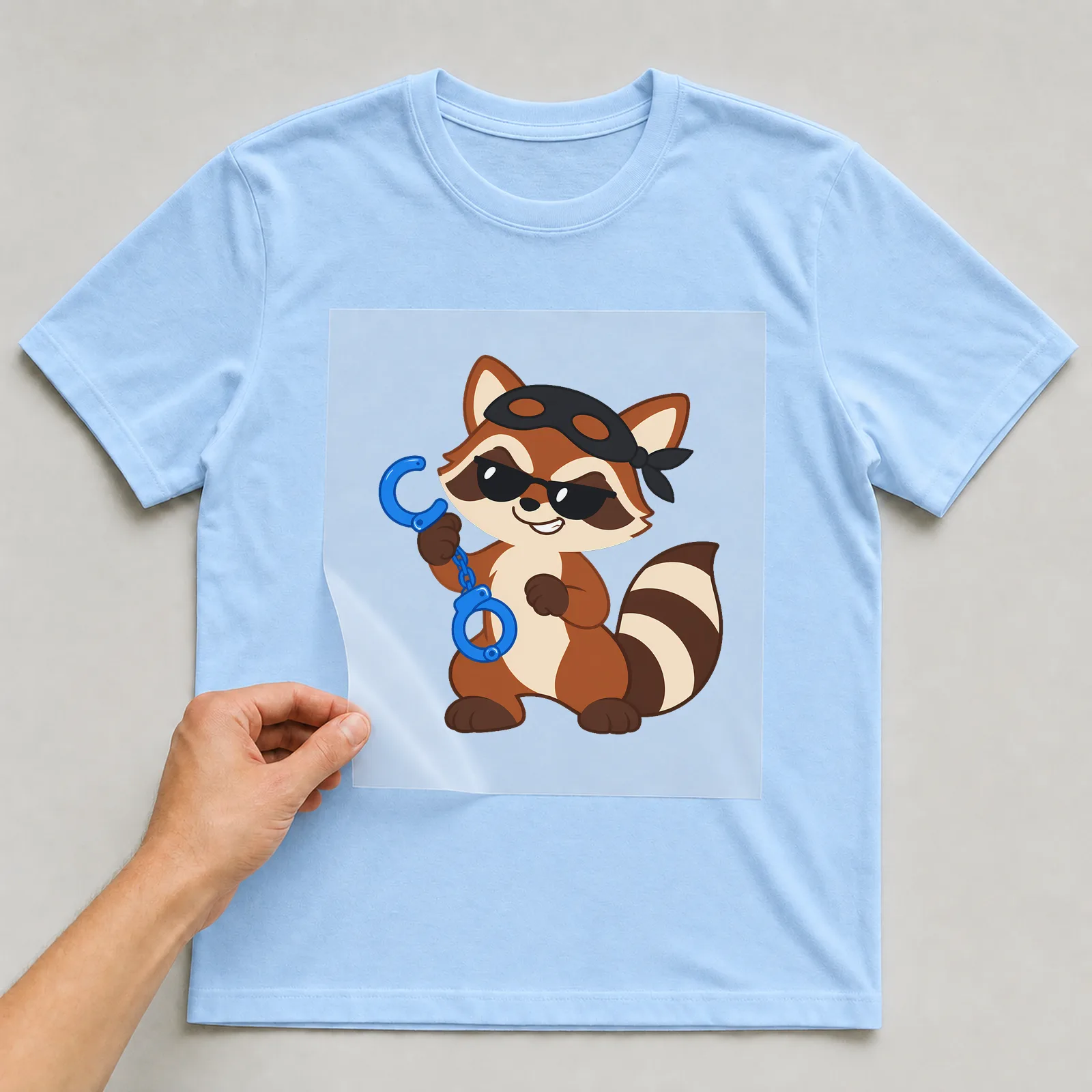 Bügelbild freundschaft waschbaer handschellen auf hellblauem T-Shirt, Folie wird aufgelegt