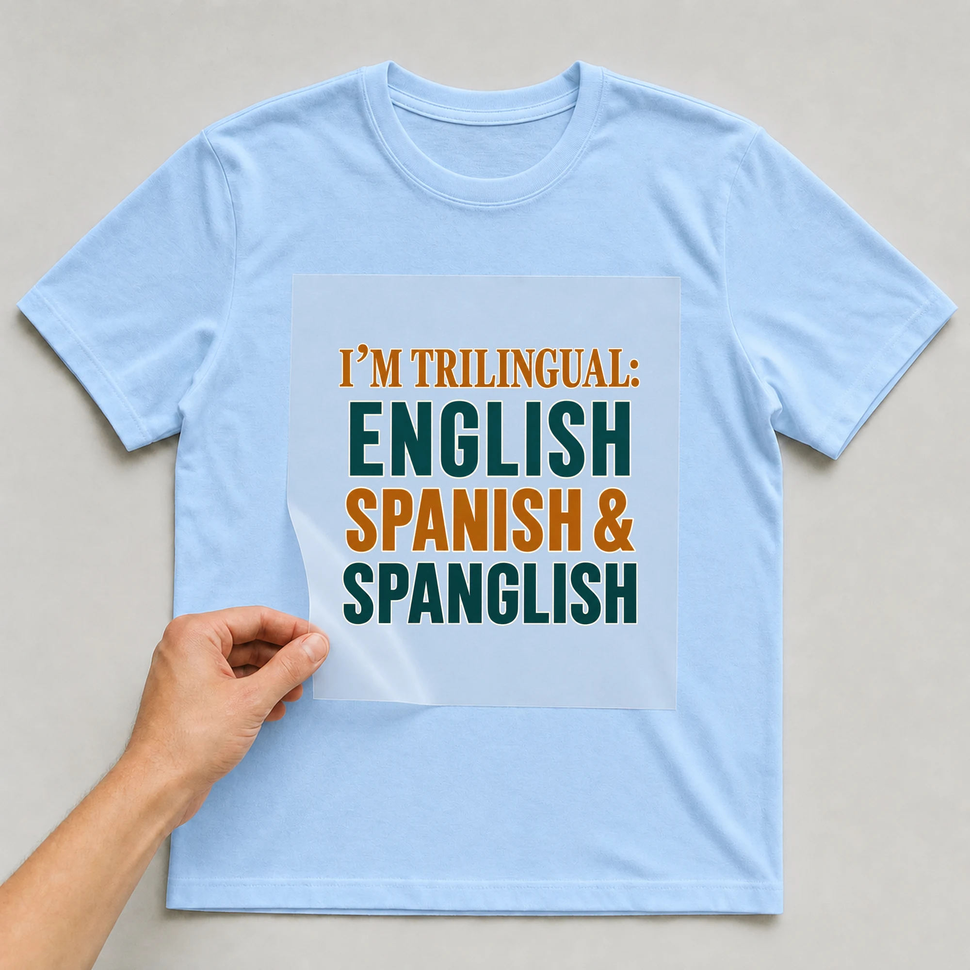 Bügelbild „I’M TRILINGUAL: ENGLISH SPANISH & SPANGLISH“ auf babyblauem T-Shirt, Folie wird aufgelegt