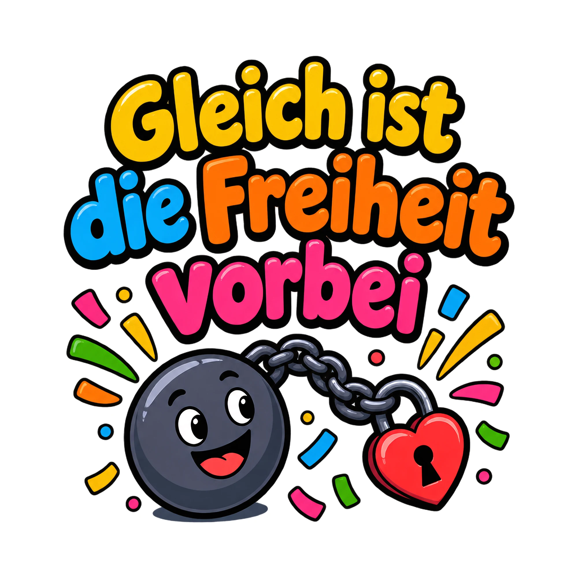 Bügelbild Gleich ist die freiheit vorbei als Grafik auf weißem Hintergrund (BB016383)