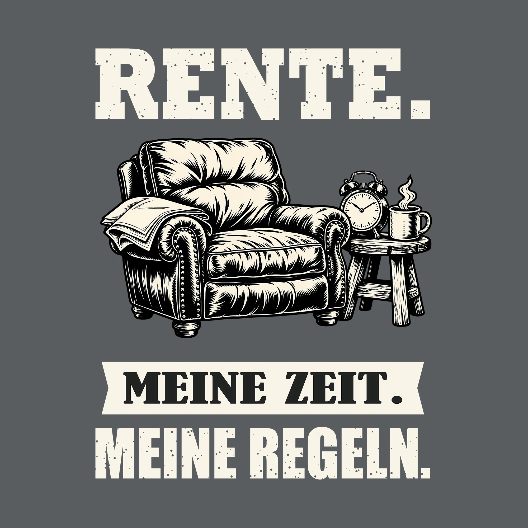 Bügelbild RENTE. MEINE ZEIT. MEINE REGELN. als Grafik auf dunklem Hintergrund (BB011481)