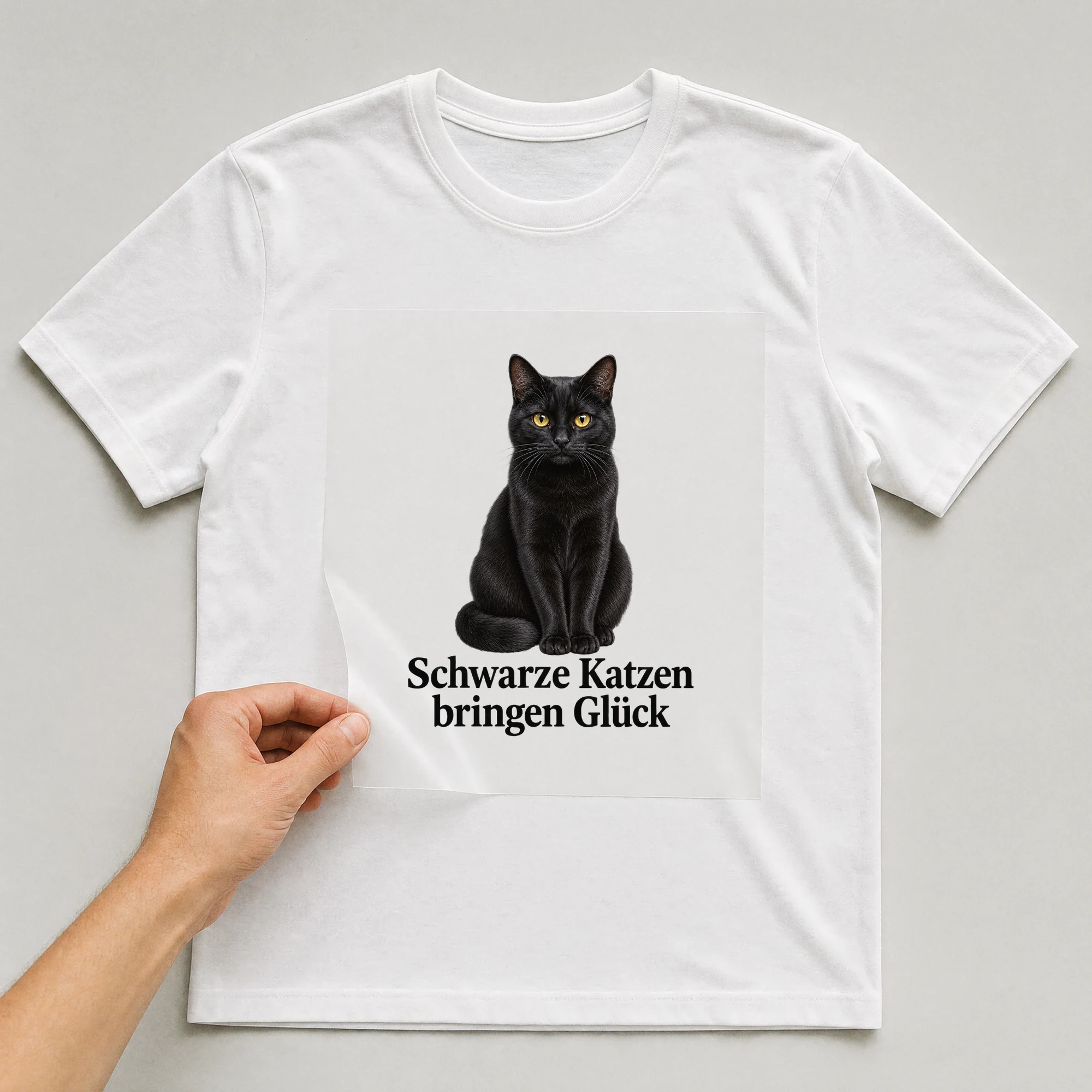 Bügelbild „Schwarze Katzen bringen Glück“ auf weißem T-Shirt, Folie wird aufgelegt