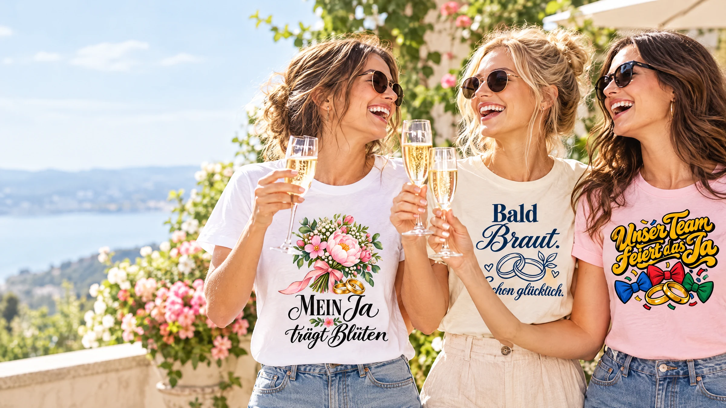 JGA und Hochzeit: Braut und Freundinnen mit den Bügelbild-Motiven Mein Ja trägt Blüten, Bald Braut. Schon glücklich. und Unser Team feiert das Ja