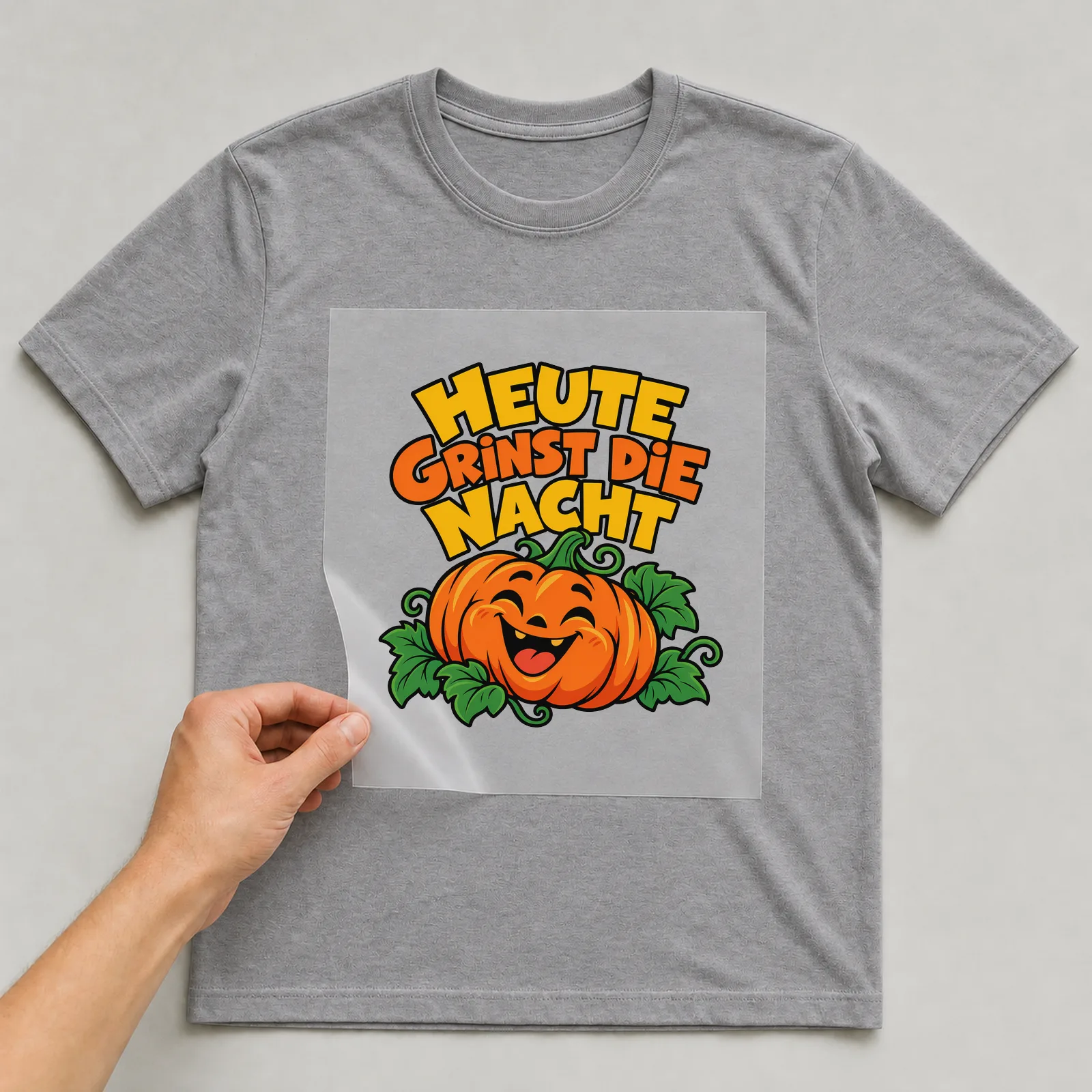 Bügelbild „Heute grinst die Nacht“ auf grauem T-Shirt, Folie wird aufgelegt