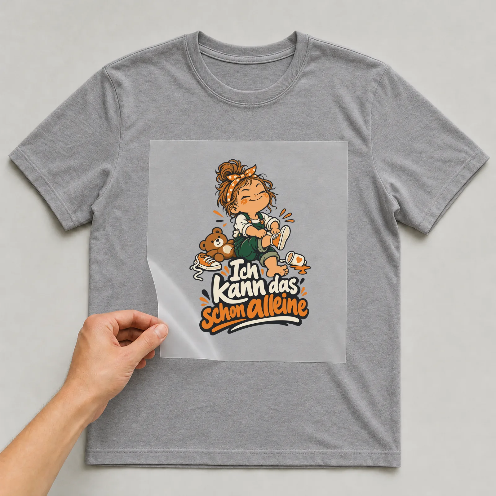 Bügelbild Ich kann das schon alleine auf grauem T-Shirt, Folie wird aufgelegt