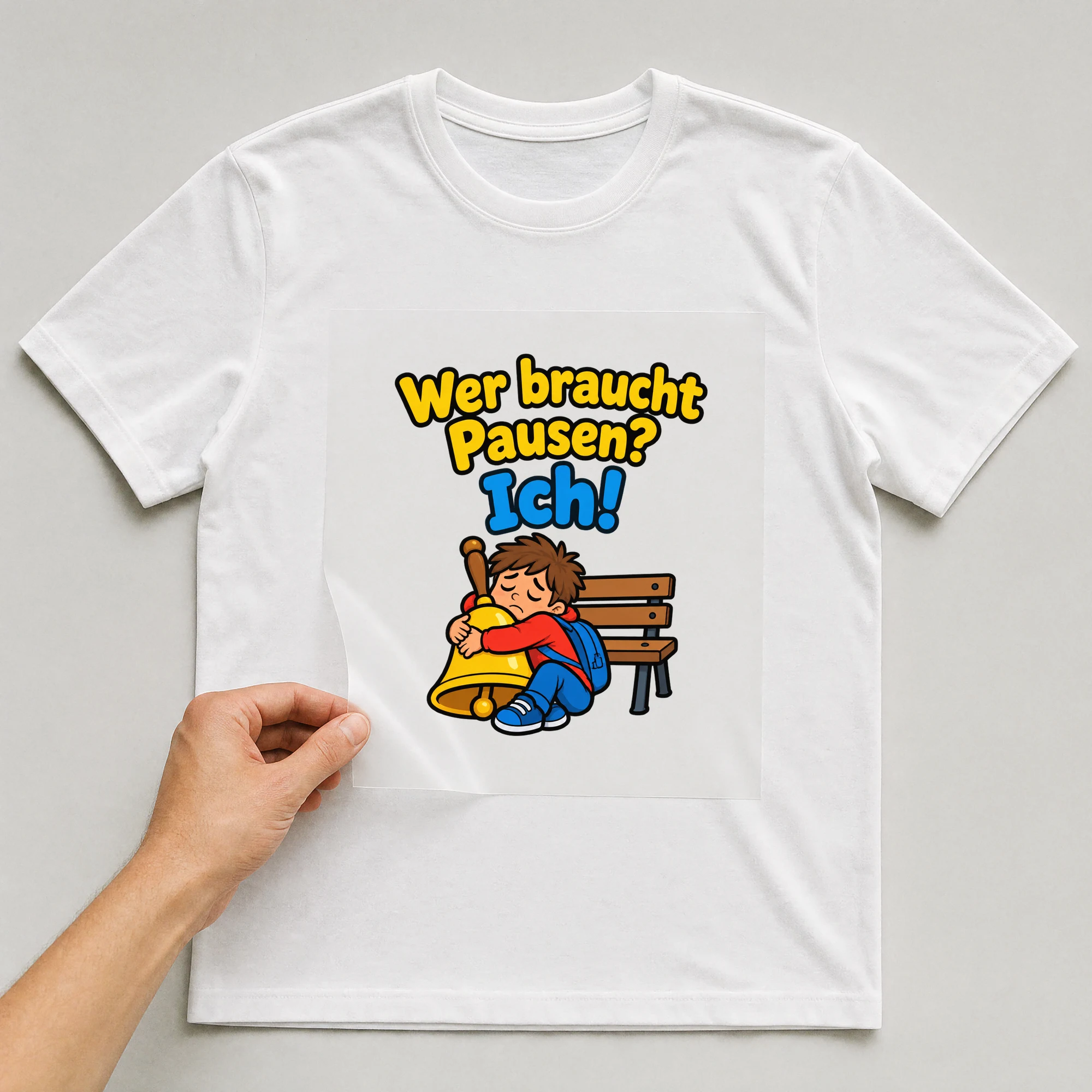Bügelbild „Wer braucht Pausen? Ich!“ auf weißem T-Shirt, Folie wird aufgelegt