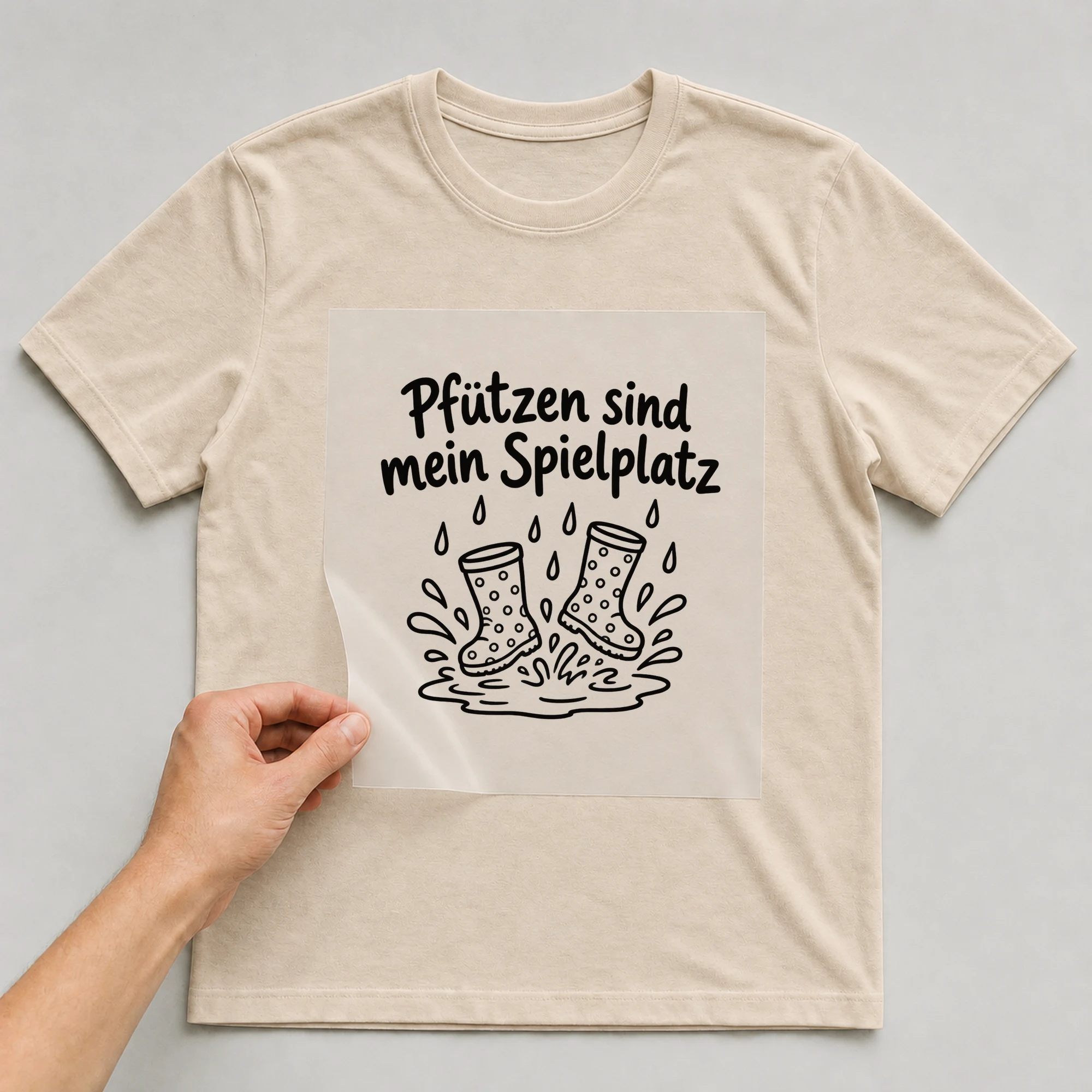 Bügelbild „Pfützen sind mein Spielplatz“ auf beigem T-Shirt, Folie wird aufgelegt