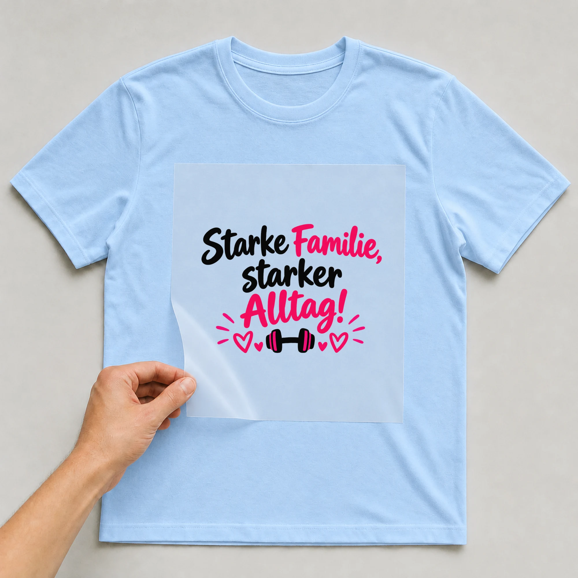 Bügelbild „Starke Familie stärker im Alltag!“ auf hellblauem T-Shirt, Folie wird aufgelegt