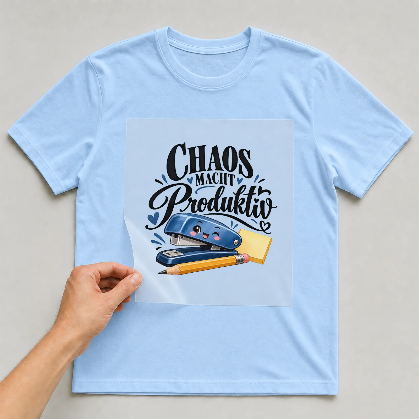 Bügelbild „Chaos macht produktiv“ auf hellblauem T-Shirt, Folie wird aufgelegt