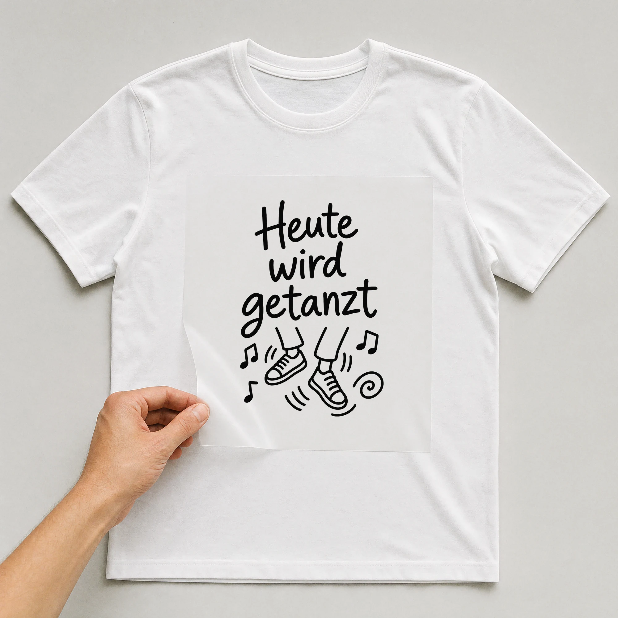 Bügelbild „Heute wird getanzt“ auf weißem T-Shirt, Folie wird aufgelegt