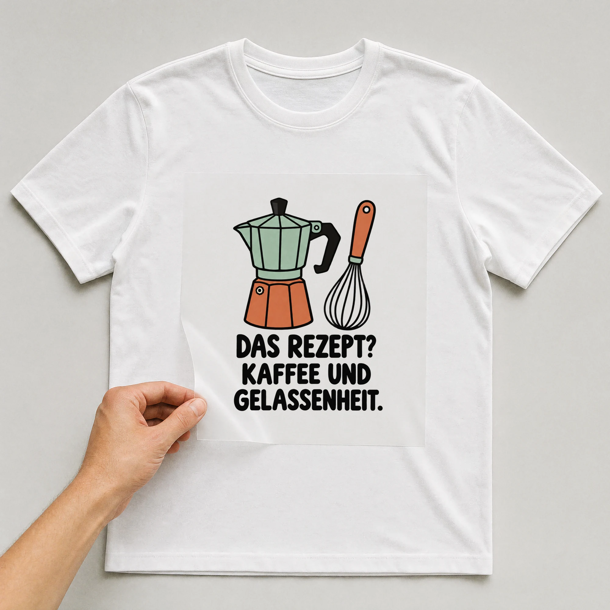 Bügelbild „DAS REZEPT? KAFFEE UND GELASSENHEIT.“ auf weißem T-Shirt, Folie wird aufgelegt