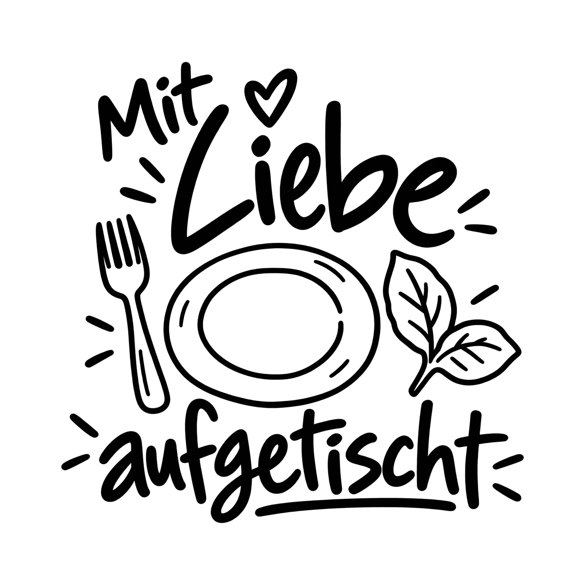 Bügelbild Mit Liebe aufgetischt als Grafik auf weißem Hintergrund (BB013574)