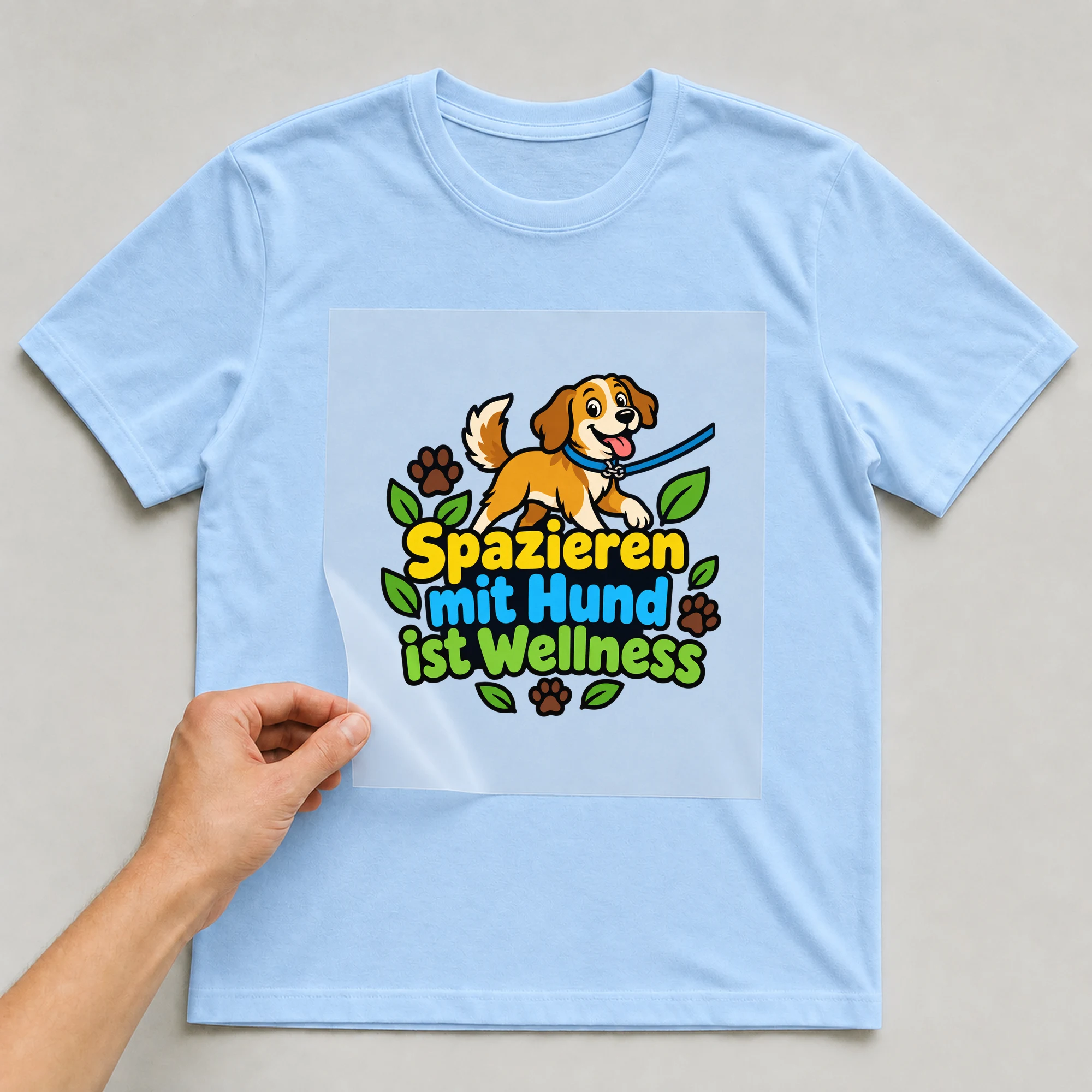 Bügelbild „Spazieren mit Hund ist Wellness“ auf babyblauem T-Shirt, Folie wird aufgelegt