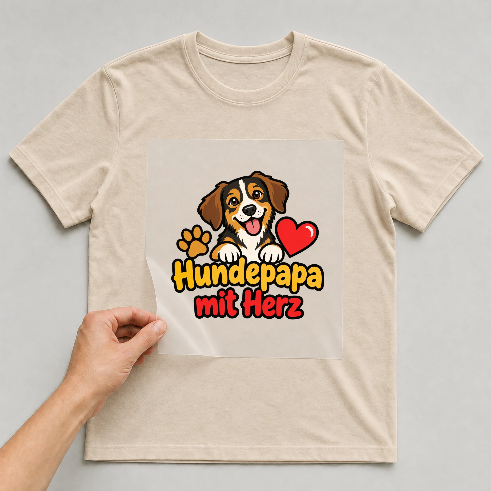 Bügelbild „Hundepapa mit Herz“ auf beigem T-Shirt, Folie wird aufgelegt