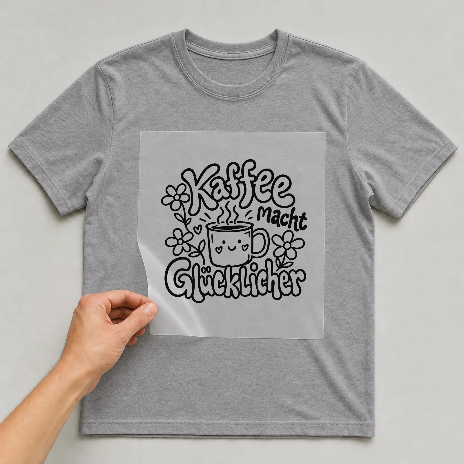Bügelbild „Kaffee macht glücklicher“ auf grauem T-Shirt, Folie wird aufgelegt