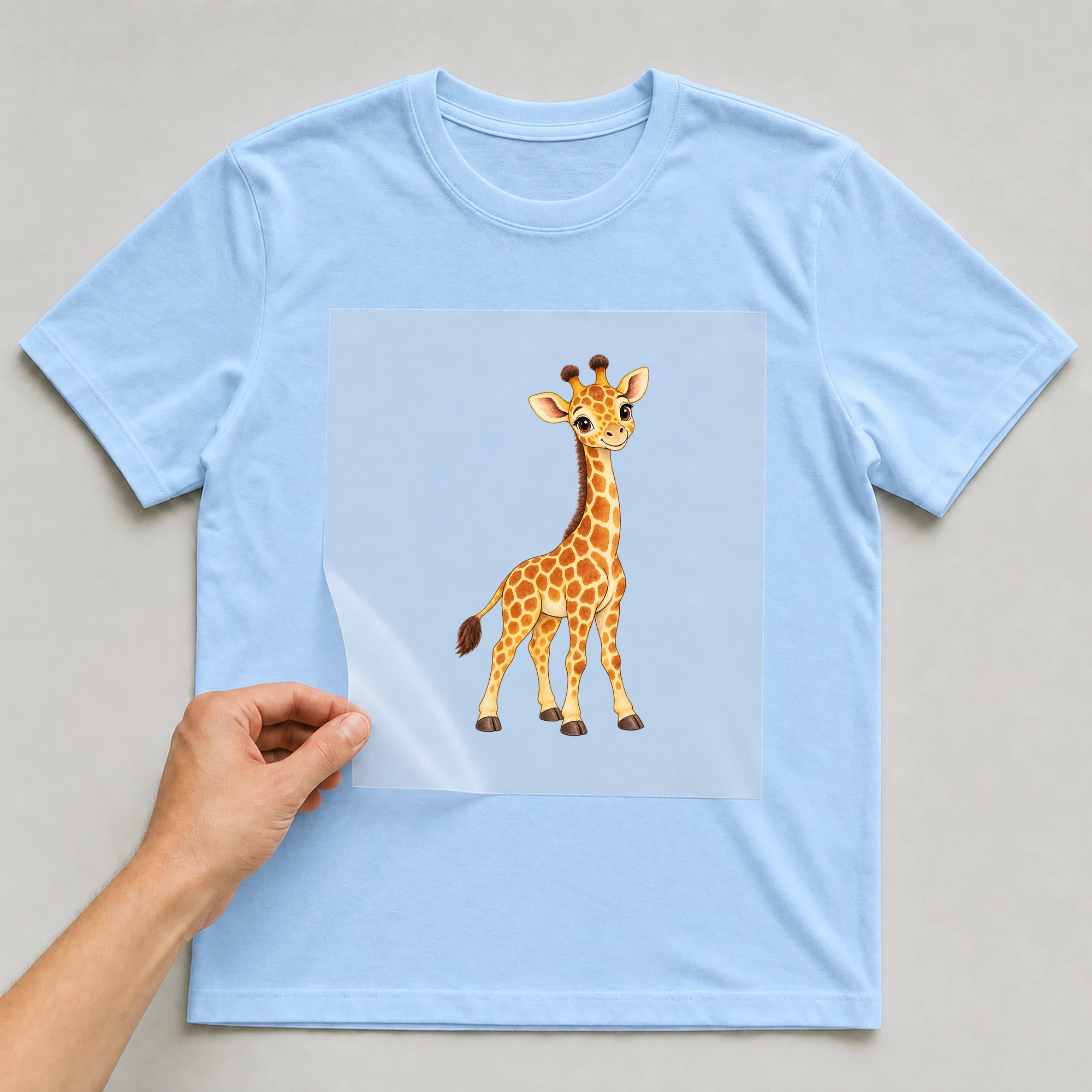 Bügelbild „BB021076-motiv-r03297“ auf babyblauem T-Shirt, Folie wird aufgelegt