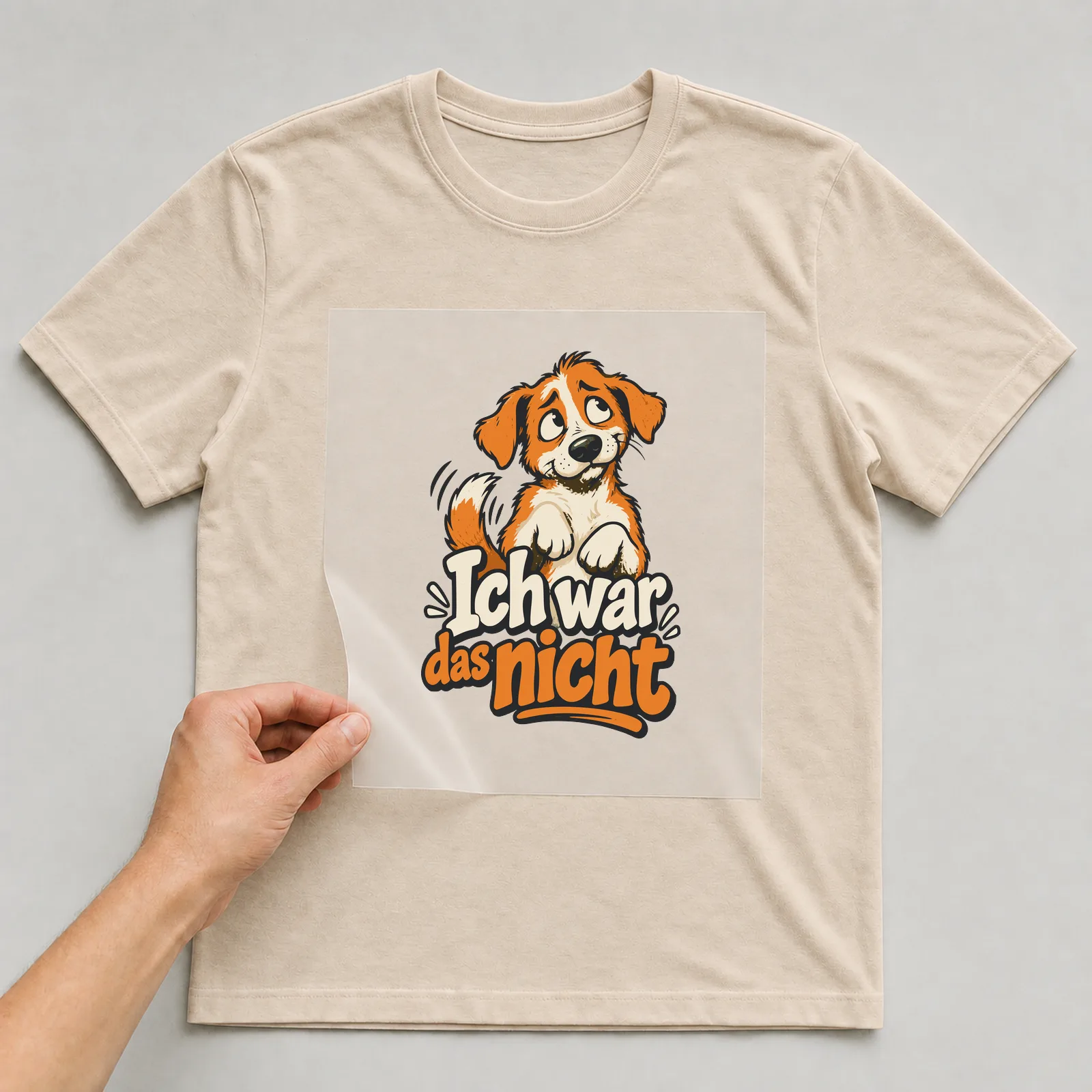 Bügelbild Ich war das nicht auf beigem T-Shirt, Folie wird aufgelegt