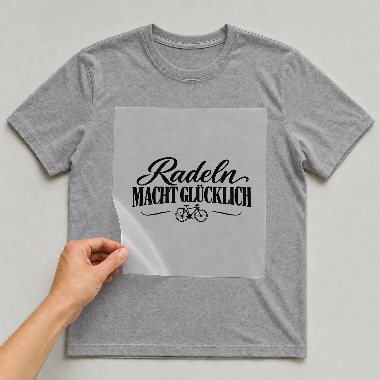 Bügelbild „Radeln macht glücklich“ auf grauem T-Shirt, Folie wird aufgelegt