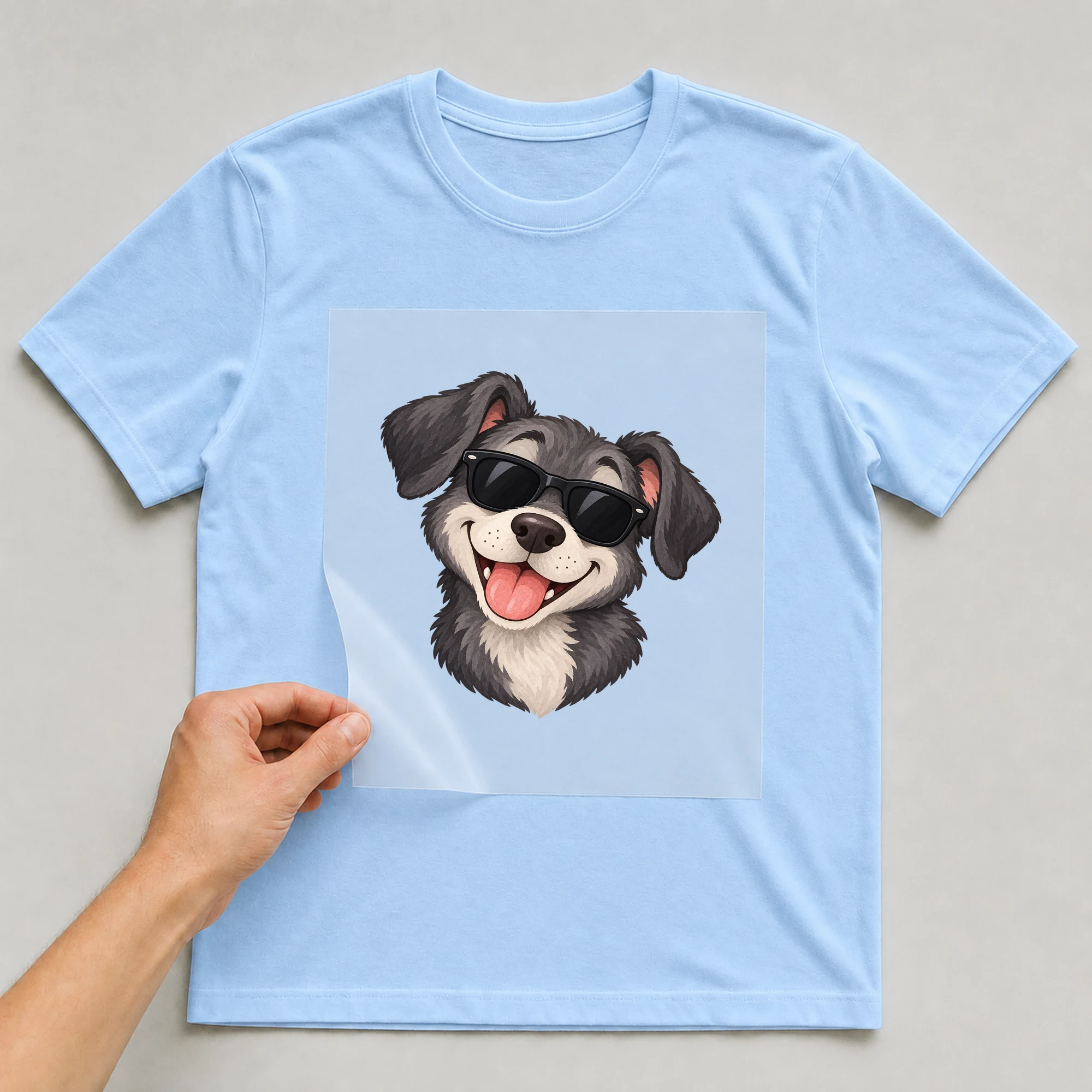 Bügelbild „Sunglasses Dog“ auf babyblauem T-Shirt, Folie wird aufgelegt