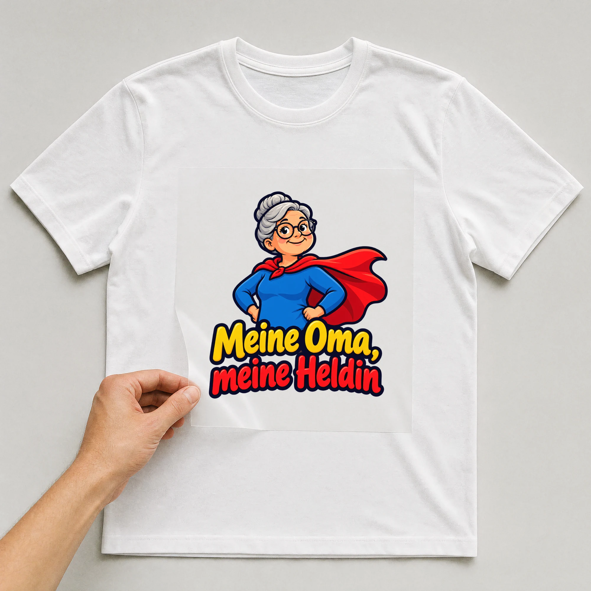 Bügelbild „Meine Oma, meine Heldin“ auf weißem T-Shirt, Folie wird aufgelegt
