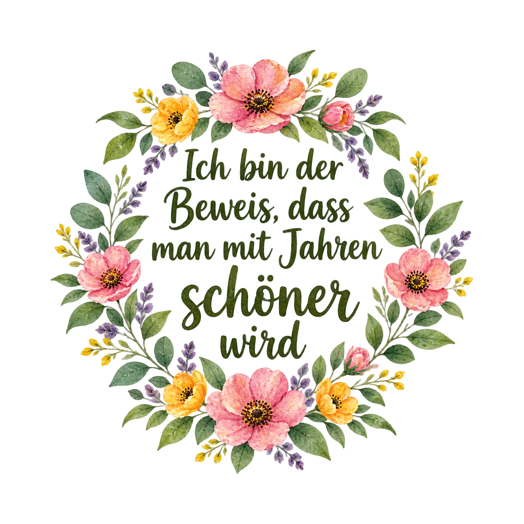 Bügelbild Ich bin der Beweis, dass man mit Jahren schöner wird, Geburtstagsshirt Spruch als Grafik auf weißem Hintergrund (BB018363)