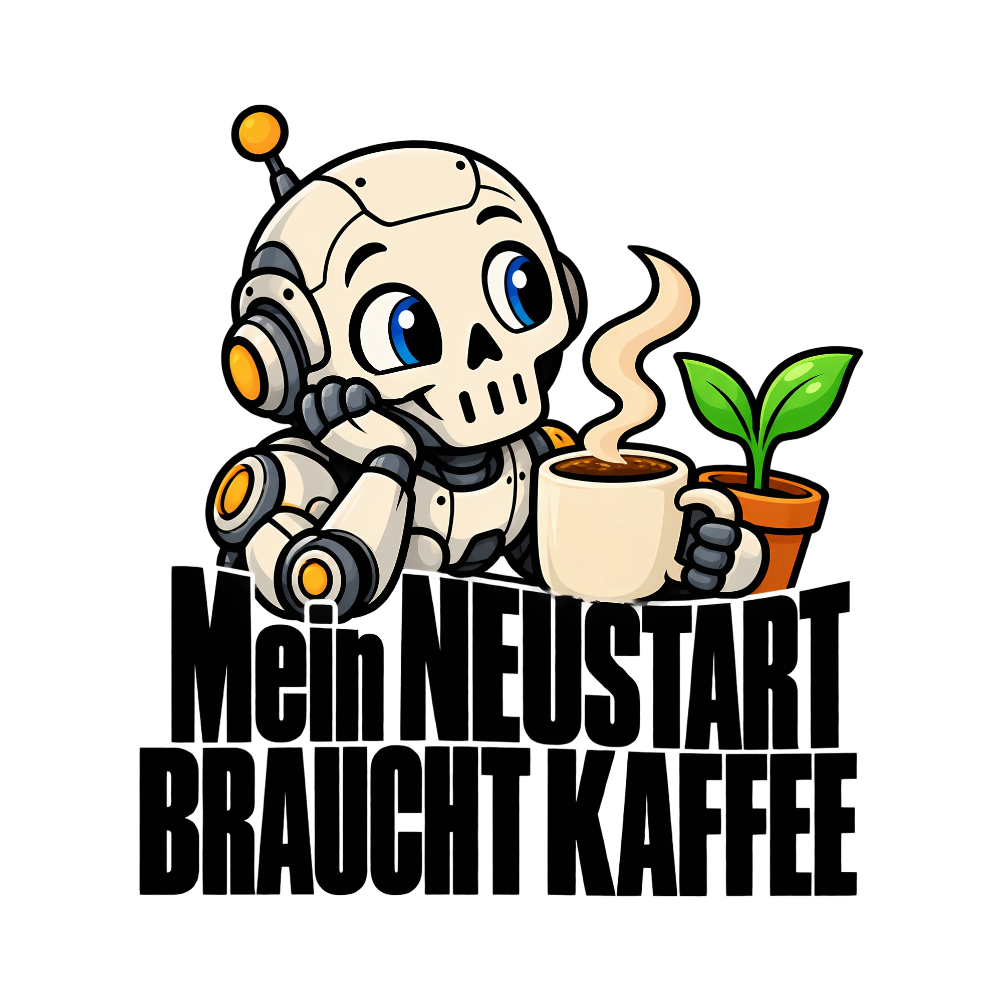 Bügelbild „Mein Neustart braucht Kaffee“, Kaffee Shirt Spruch als Grafik auf weißem Hintergrund (BB012226)
