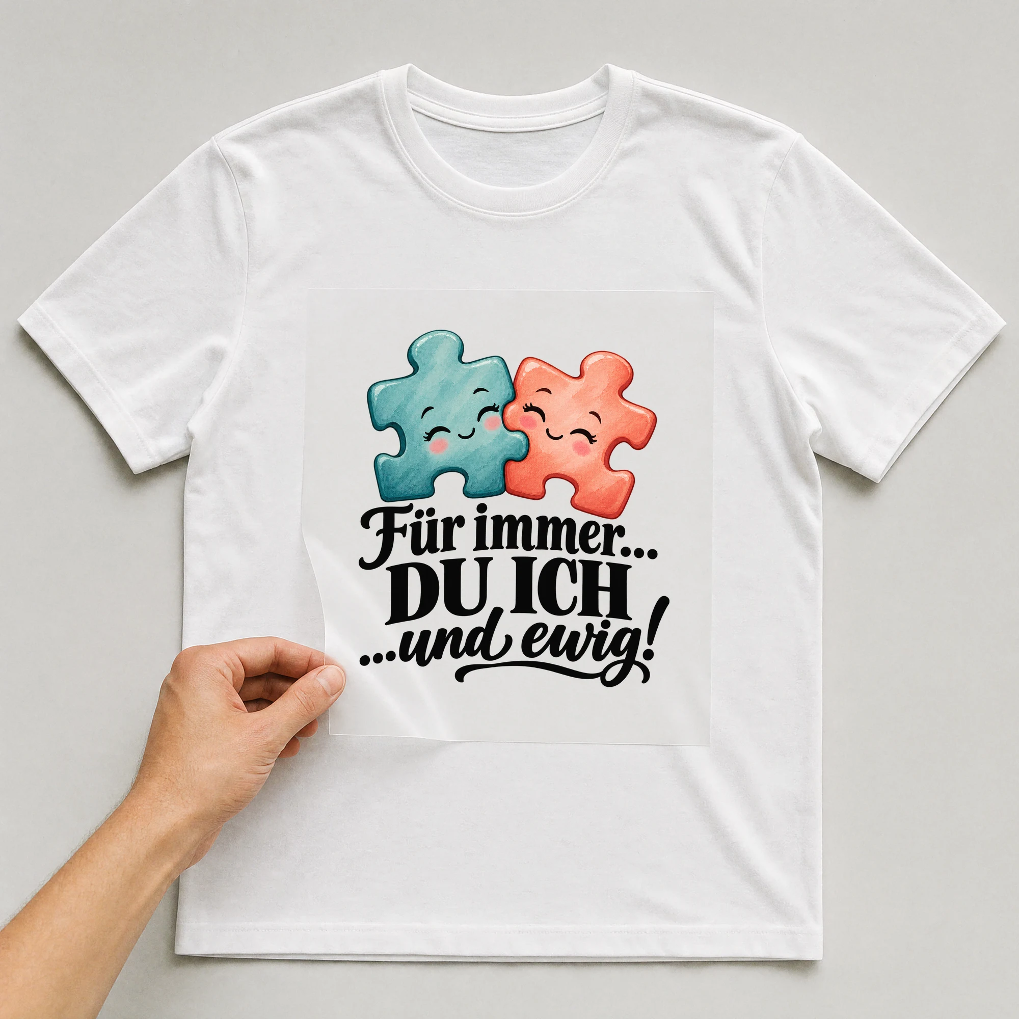 Bügelbild „Für Immer... Du Ich ...und Ewig!“ auf weißem T-Shirt, Folie wird aufgelegt