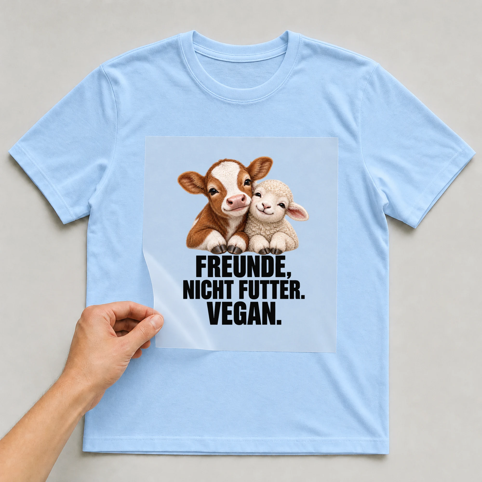 Bügelbild „Freunde, nicht Futter. Vegan.“ auf babyblauem T-Shirt, Folie wird aufgelegt