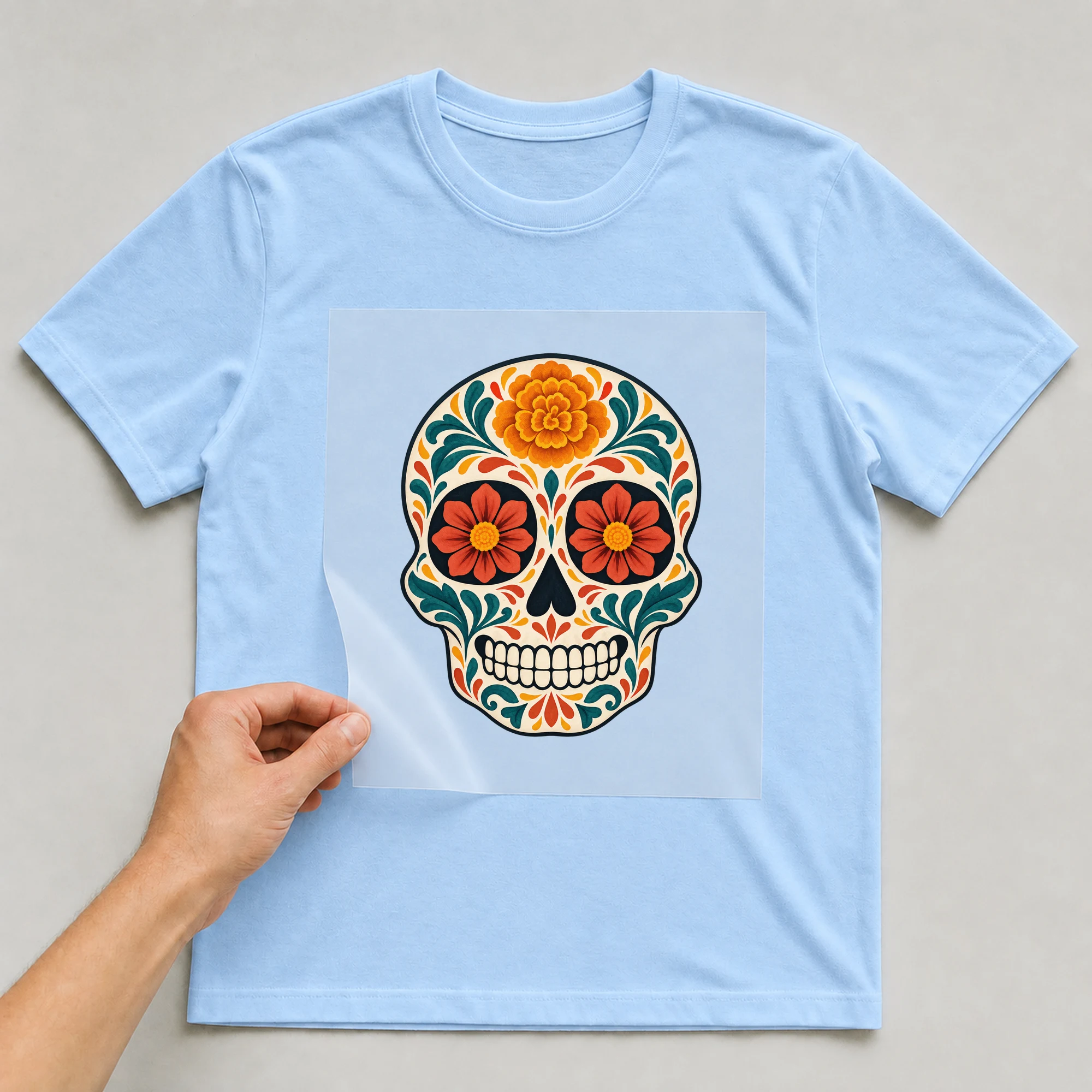 Bügelbild „Dia De Los Muertos Totenkopf“ auf babyblauem T-Shirt, Folie wird aufgelegt