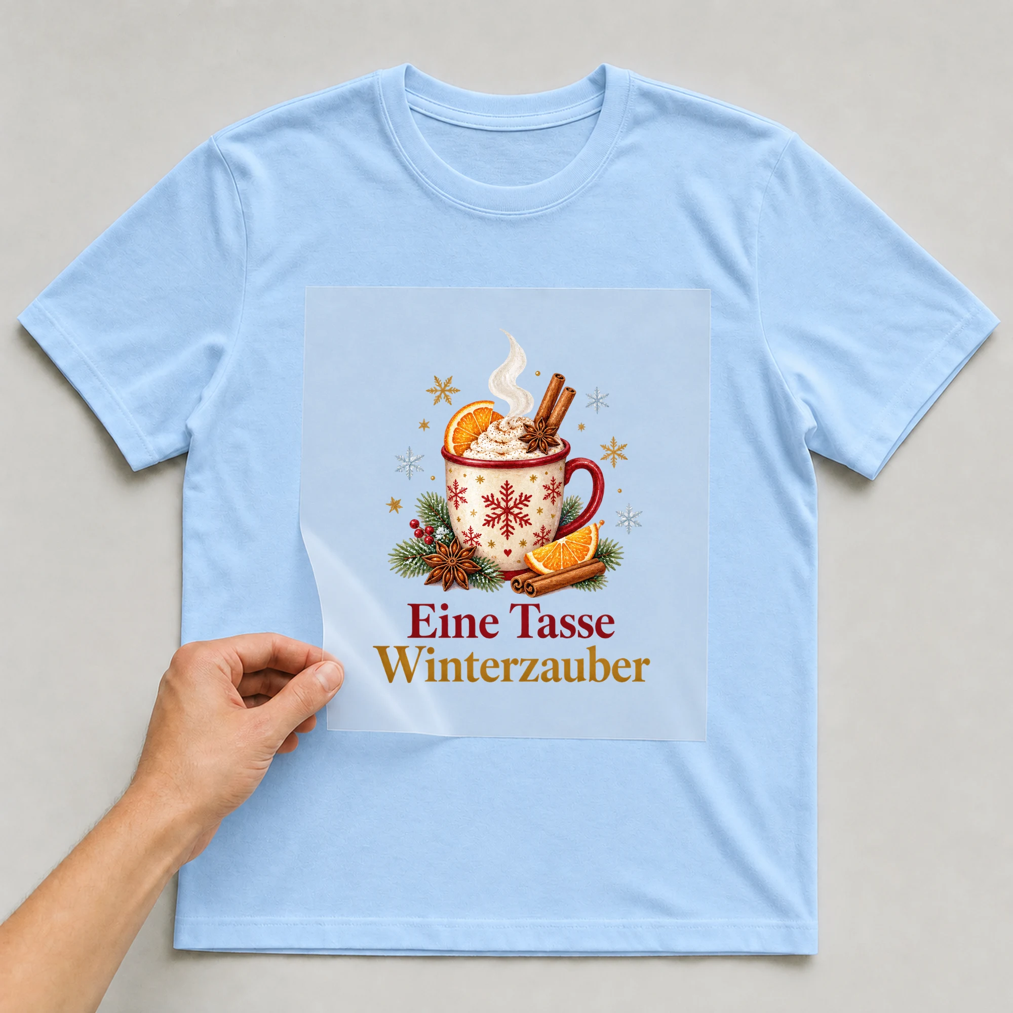 Bügelbild „Eine Tasse Winterzauber“ auf babyblauem T-Shirt, Folie wird aufgelegt