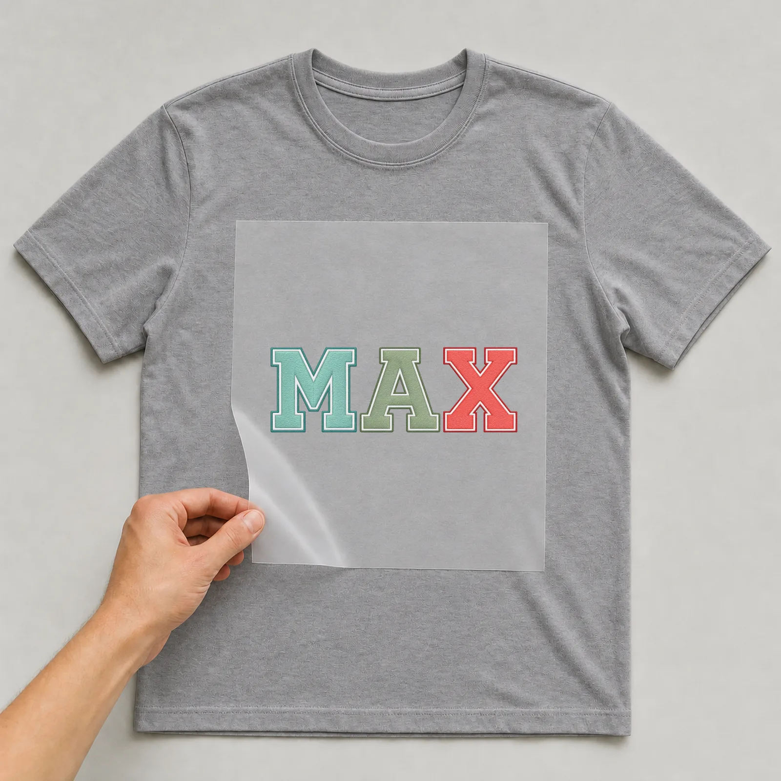 Bügelbild College-Buchstaben mit Name auf grauem T-Shirt, Folie wird aufgelegt
