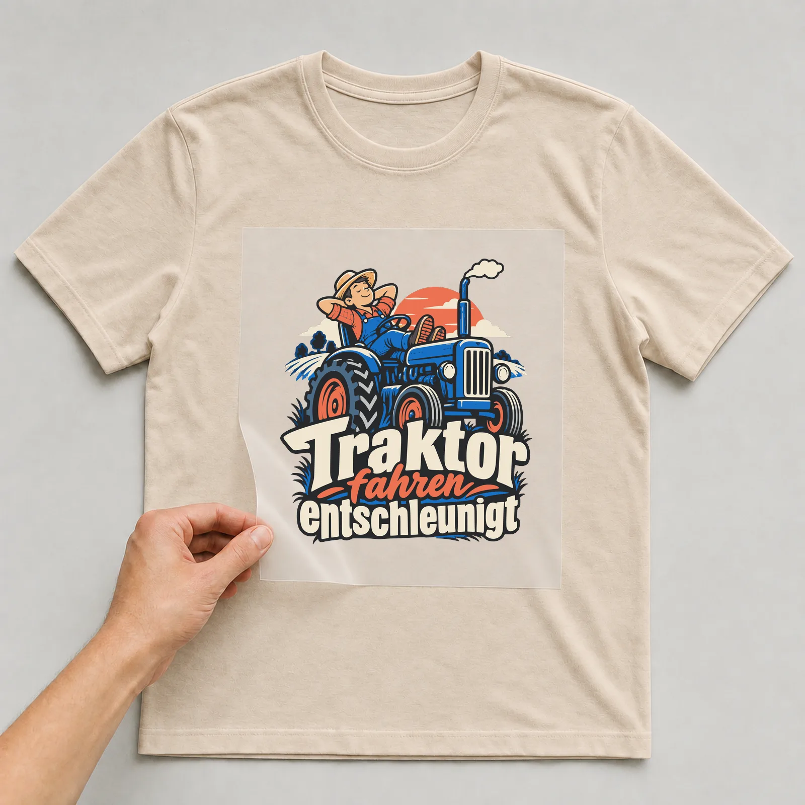 Bügelbild Traktor fahren entschleunigt auf beigem T-Shirt, Folie wird aufgelegt