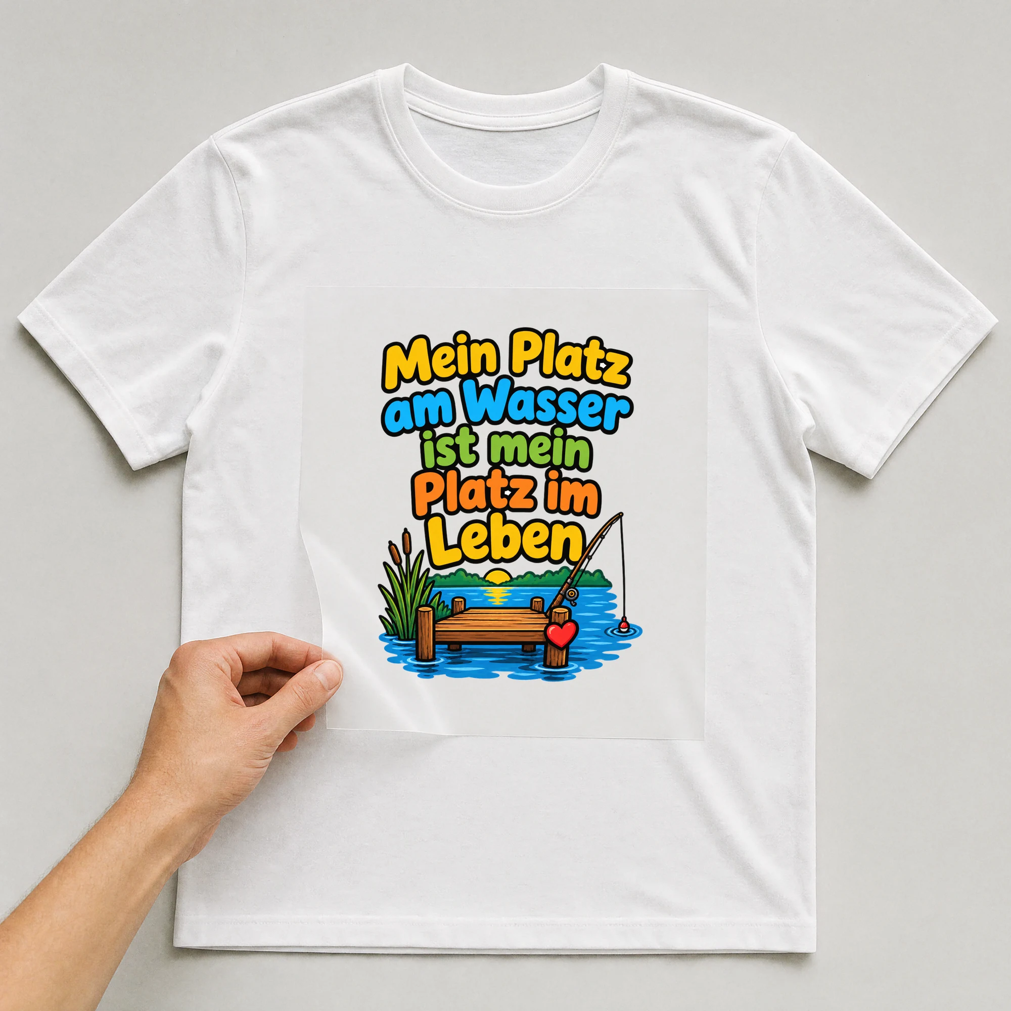 Bügelbild „Mein Platz am Wasser ist mein Platz im Leben“ auf weißem T-Shirt, Folie wird aufgelegt