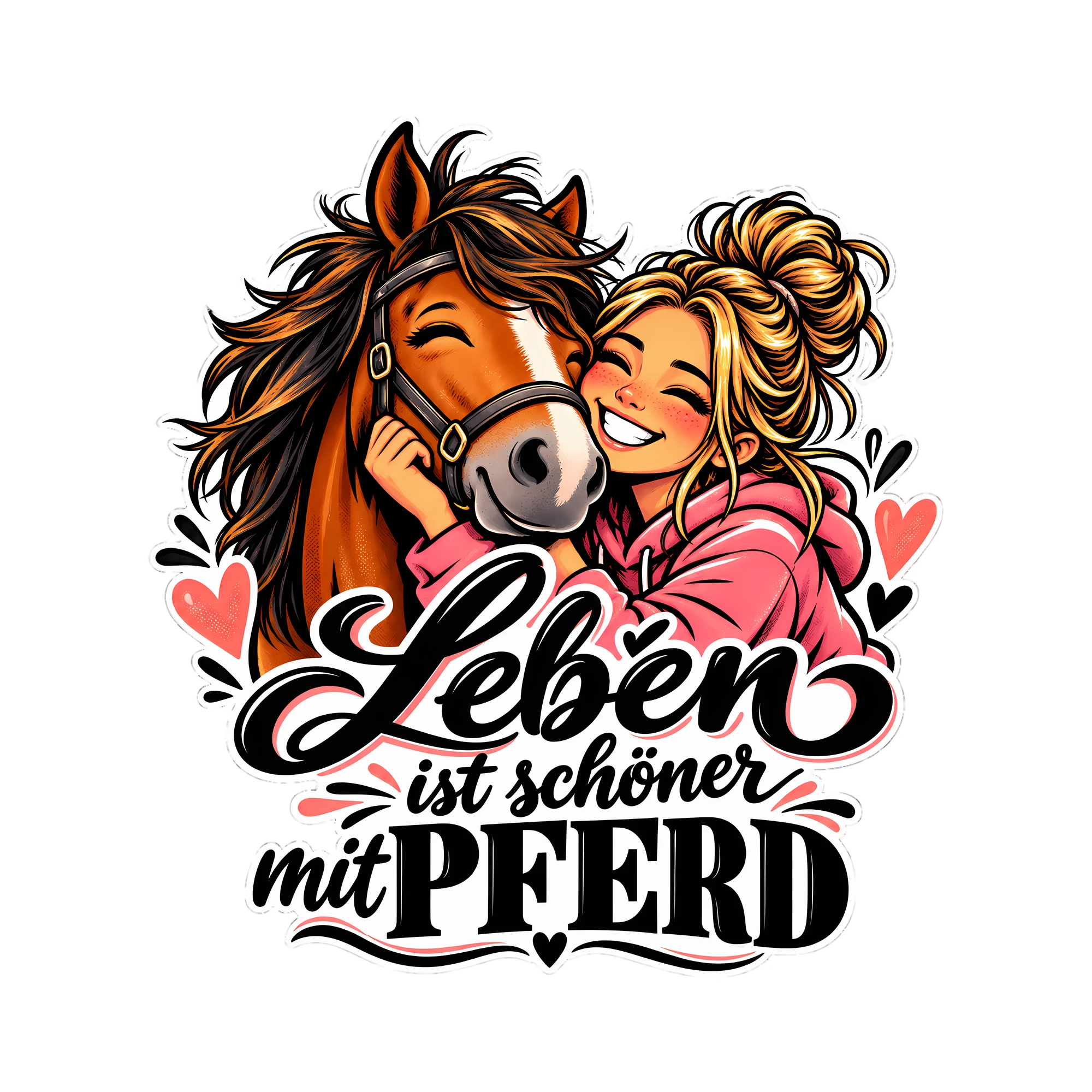 Bügelbild Leben ist schöner mit Pferd als Grafik auf weißem Hintergrund (BB012827)