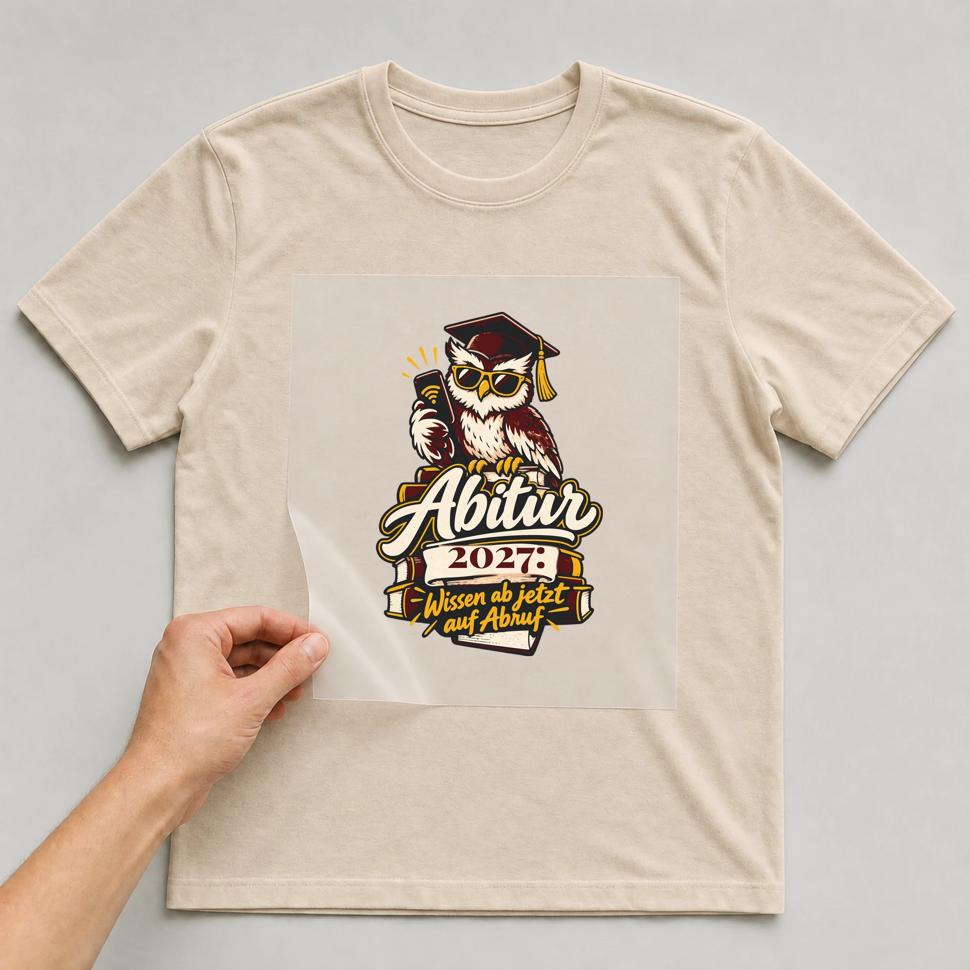 Bügelbild Abitur: Wissen ab jetzt auf Abruf mit Jahr auf beigem T-Shirt, Folie wird aufgelegt