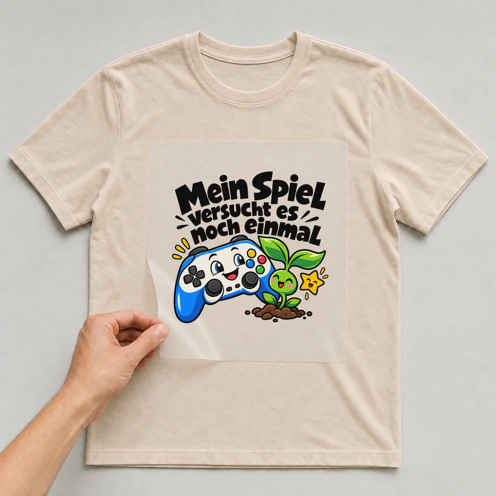 Bügelbild „Mein Spiel versucht es noch einmal“ auf beigem T-Shirt, Folie wird aufgelegt