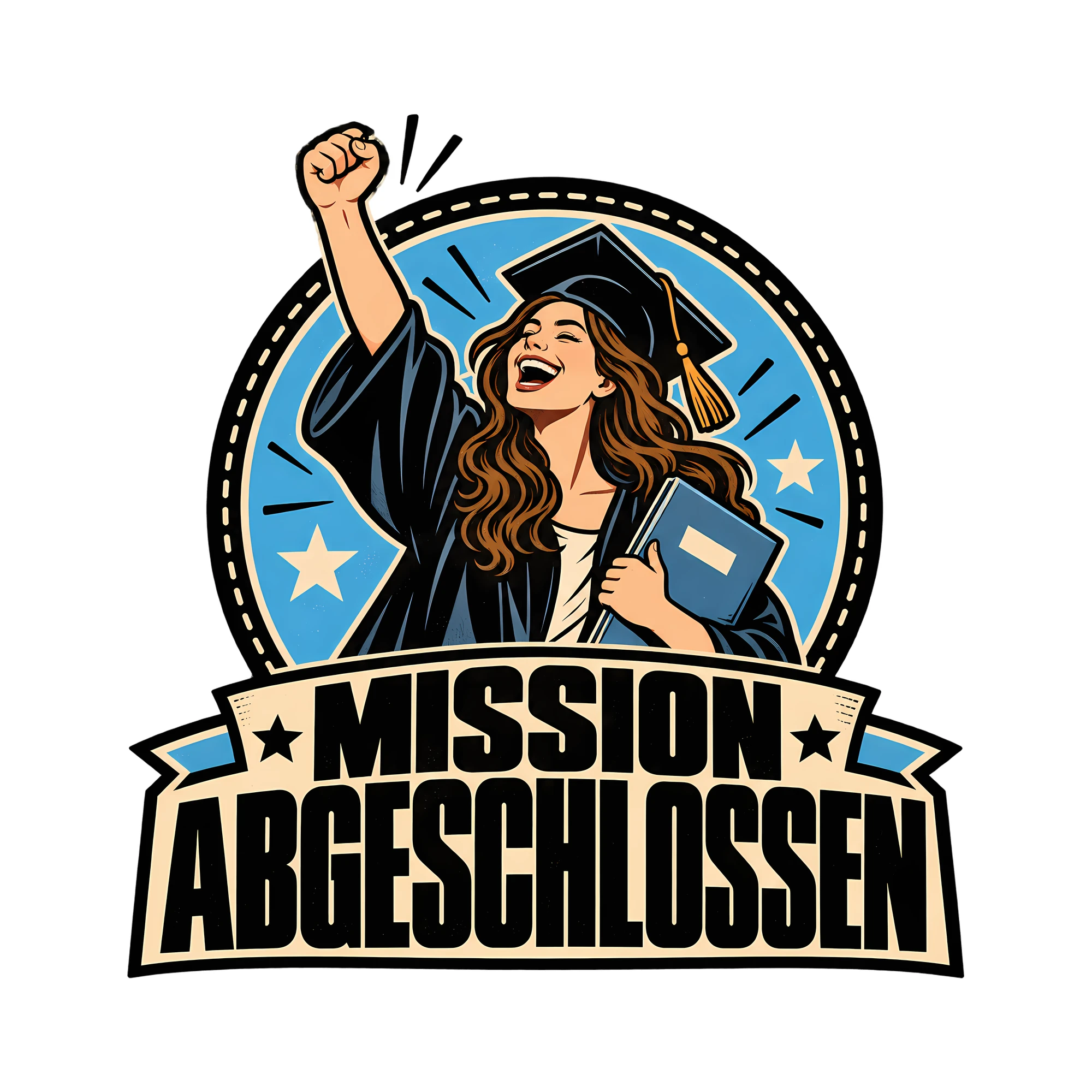 Bügelbild Mission abgeschlossen als Grafik auf weißem Hintergrund (BB011443)