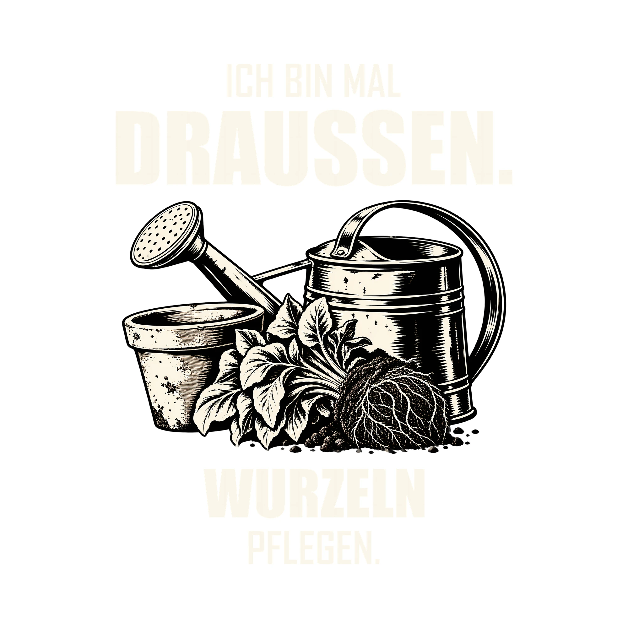 Bügelbild ICH BIN MAL DRAUSSEN. WURZELN PFLEGEN. als Grafik auf weißem Hintergrund (BB013180)