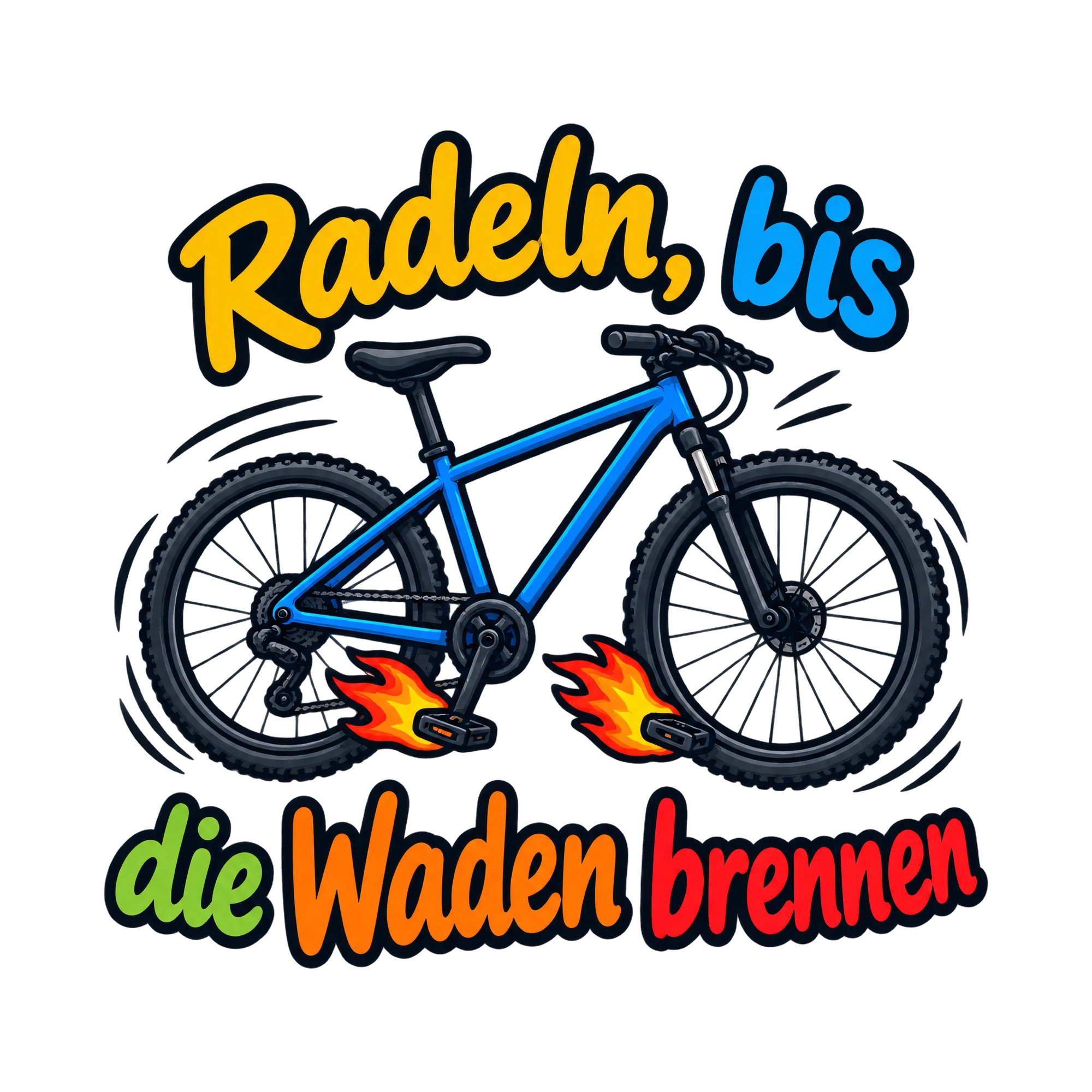 Bügelbild Radeln, bis die Waden brennen als Grafik auf weißem Hintergrund (BB019451)