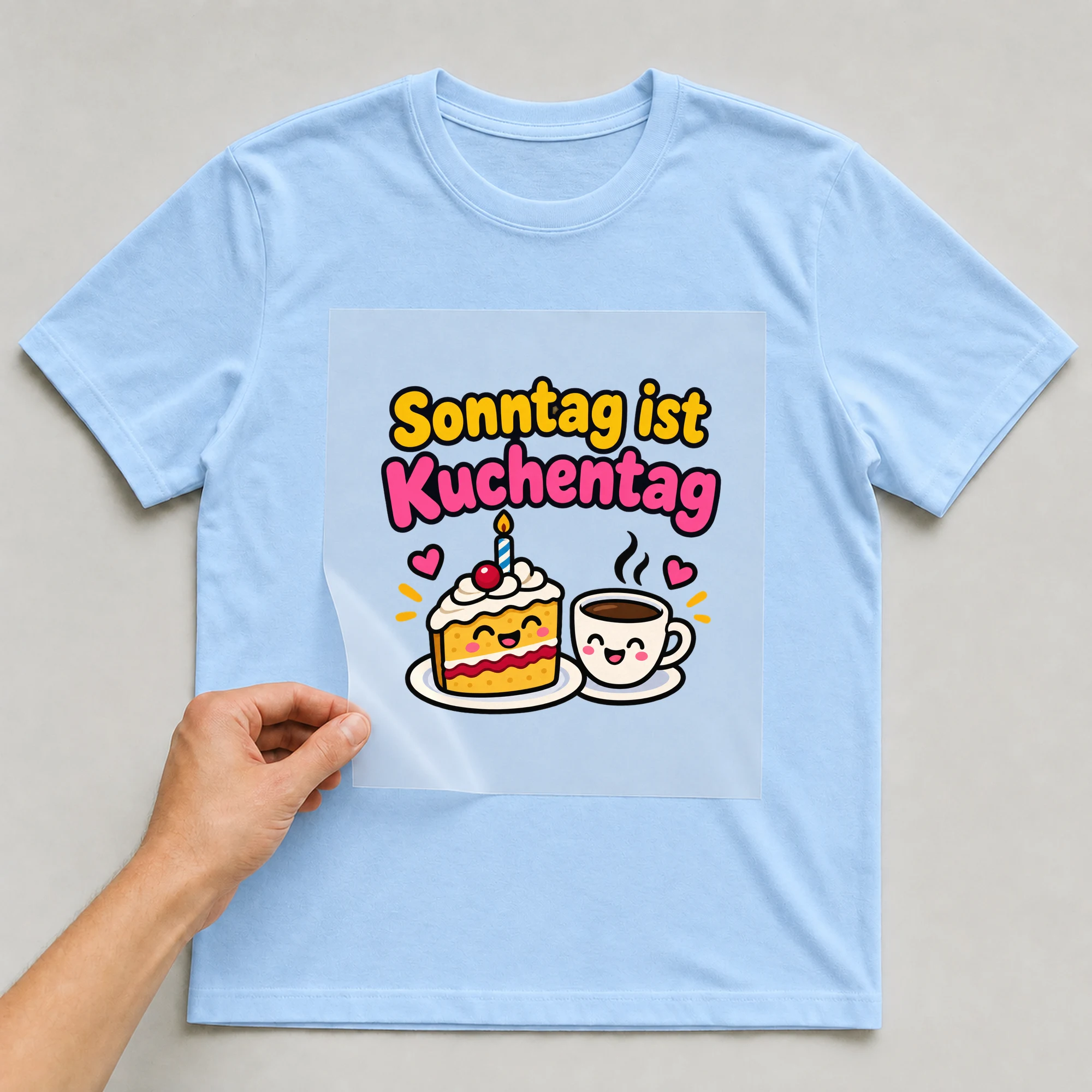 Bügelbild „Sonntag ist Kuchentag“ auf babyblauem T-Shirt, Folie wird aufgelegt