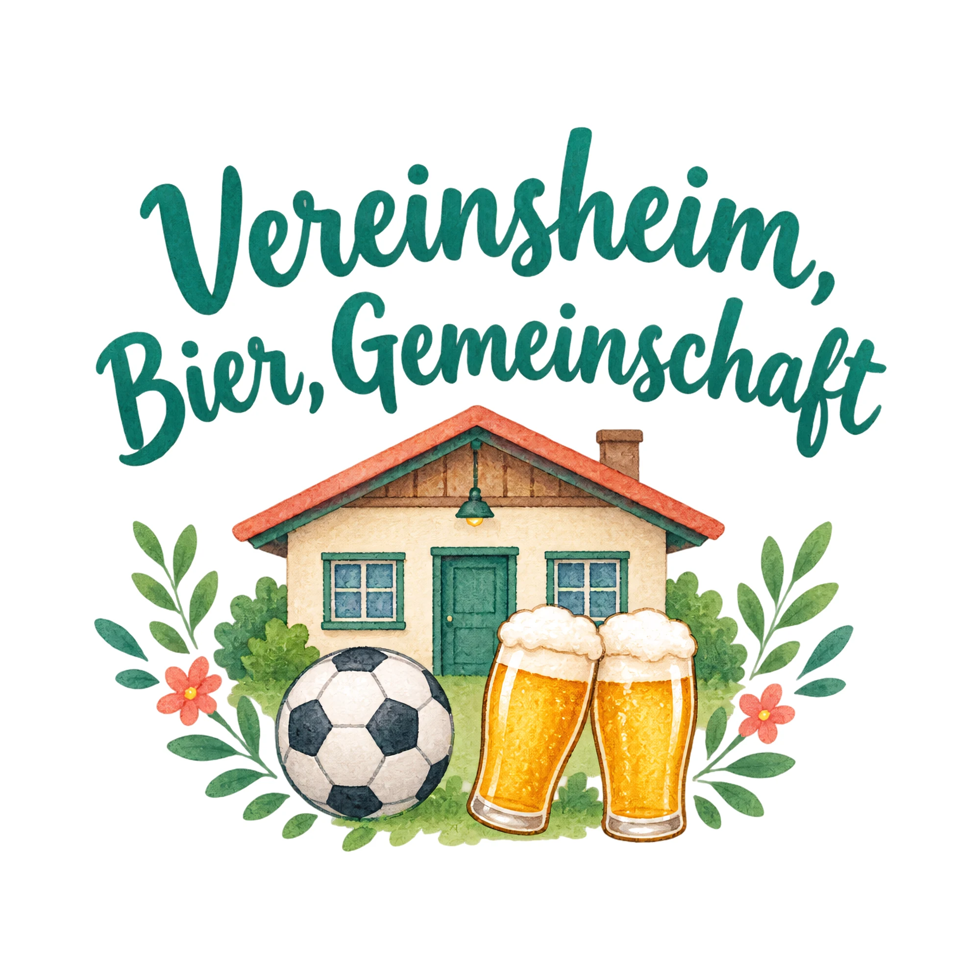 Bügelbild Vereinsheim, Bier, Gemeinschaft als Grafik auf weißem Hintergrund (BB020378)