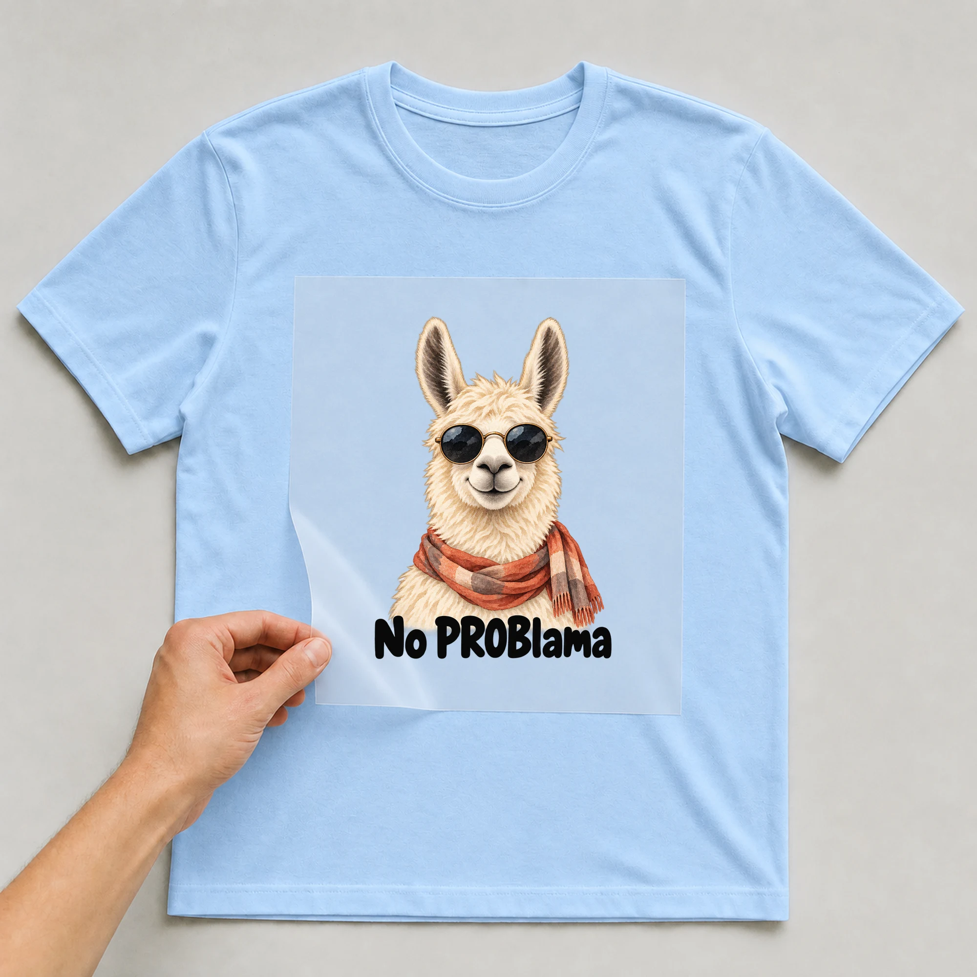 Bügelbild „No PROBlama“ auf babyblauem T-Shirt, Folie wird aufgelegt
